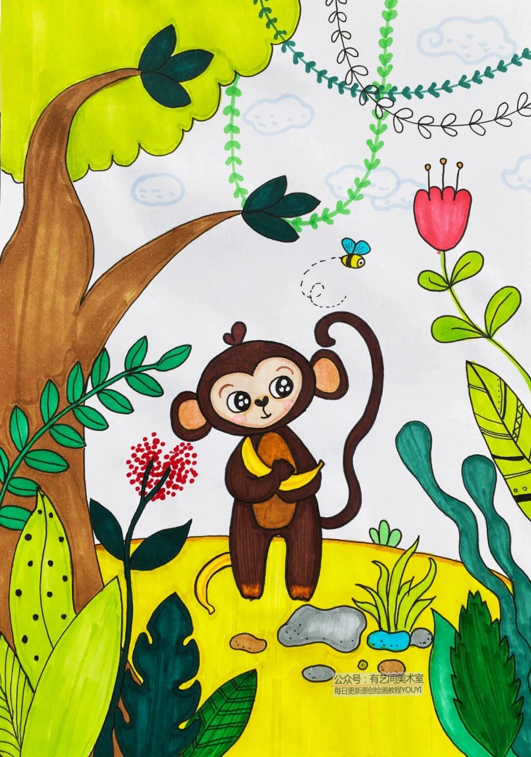 儿童画小猴子|猴子儿童绘画教程