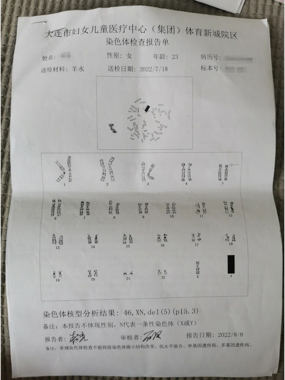 羊水穿刺5号染色体缺失致病性引产经历 我今年23岁,是21年十月份结的