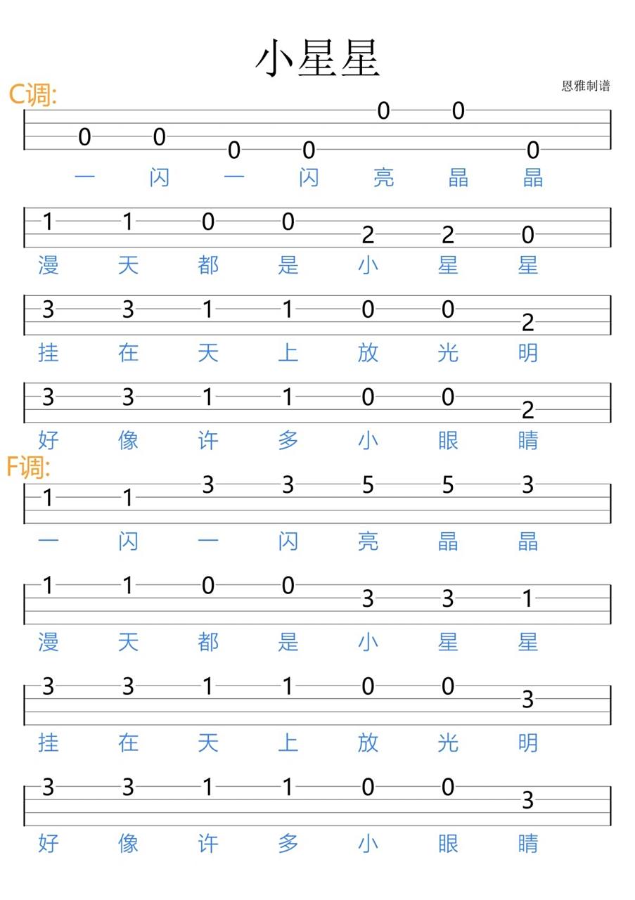 《小星星》/尤克里里新手指弹谱 给新手同学们带来一首超简单的儿歌