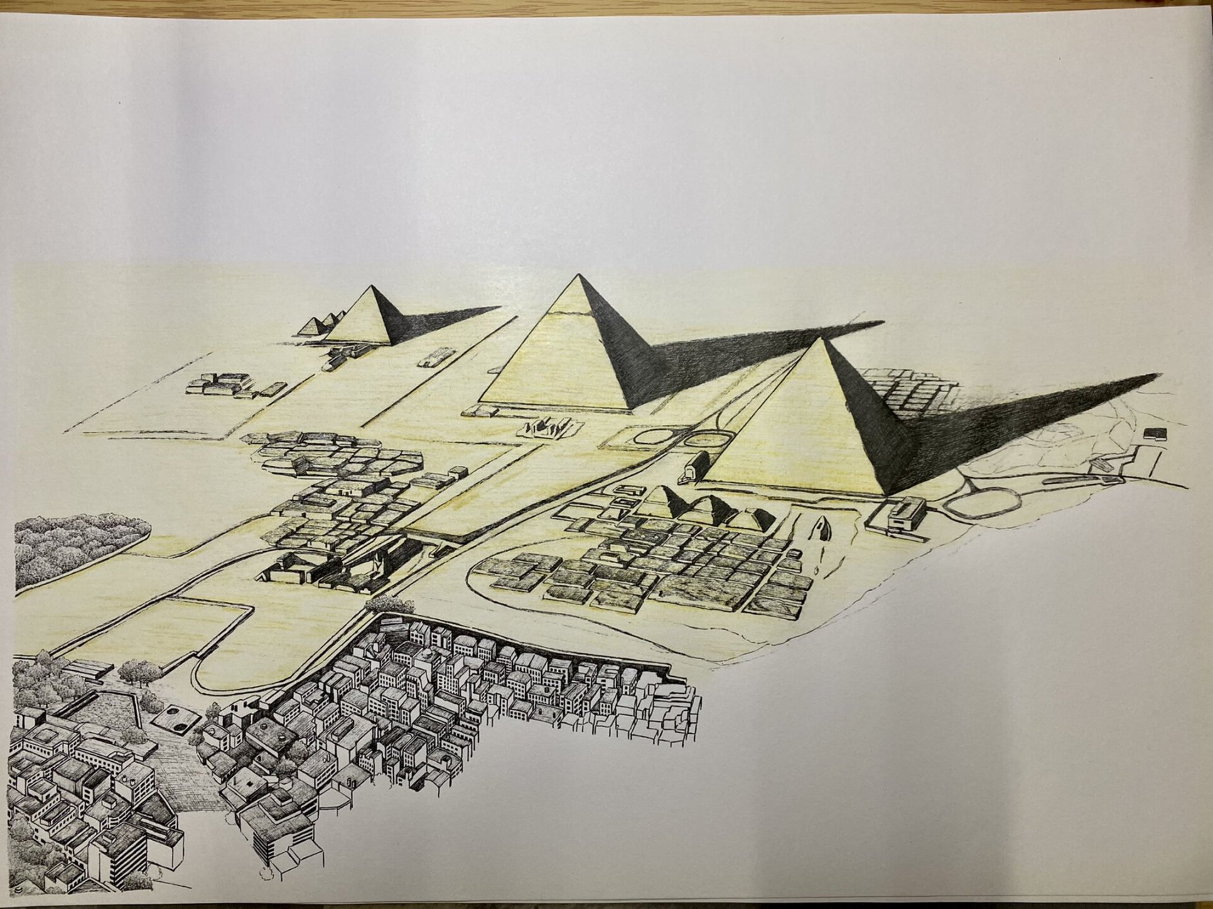 手绘古埃及大金字塔 09 埃及吉萨高地的大金字塔鸟瞰手绘,从右到左