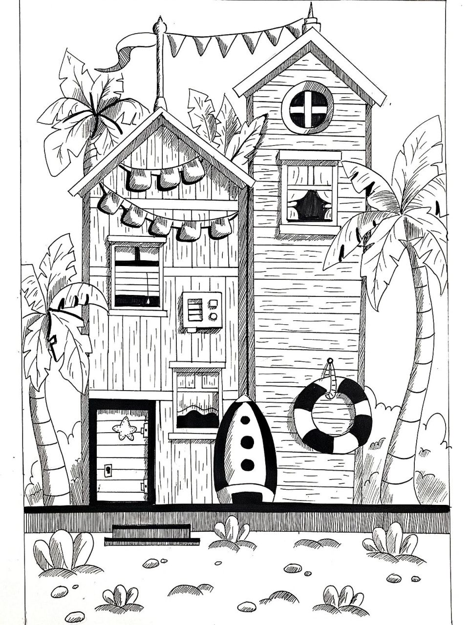 黑白画简单房子图片
