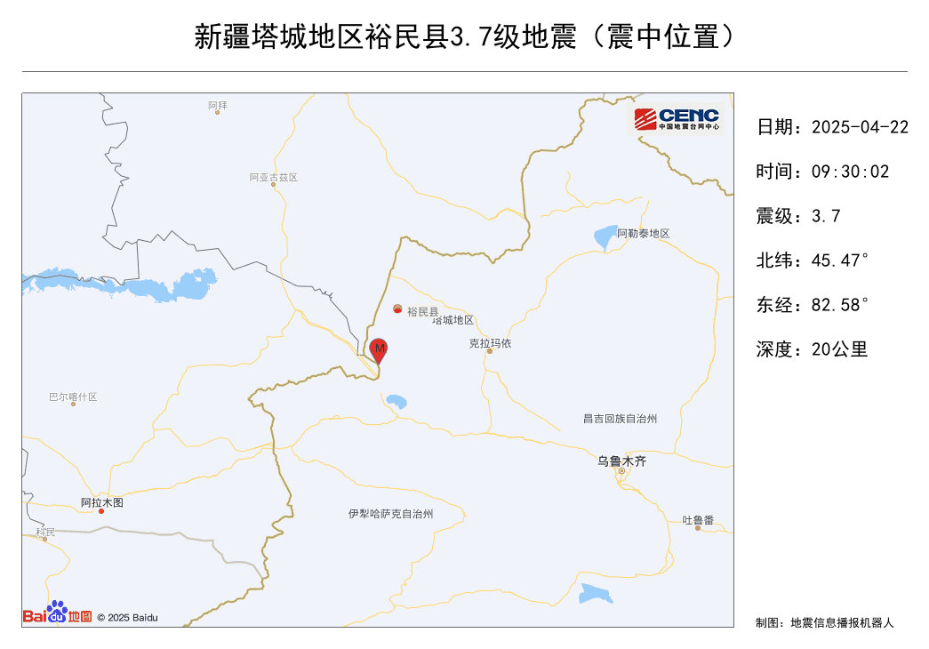 据中国地震台网正式测定,4月22日9时30分在新疆塔城地区裕民县发生3