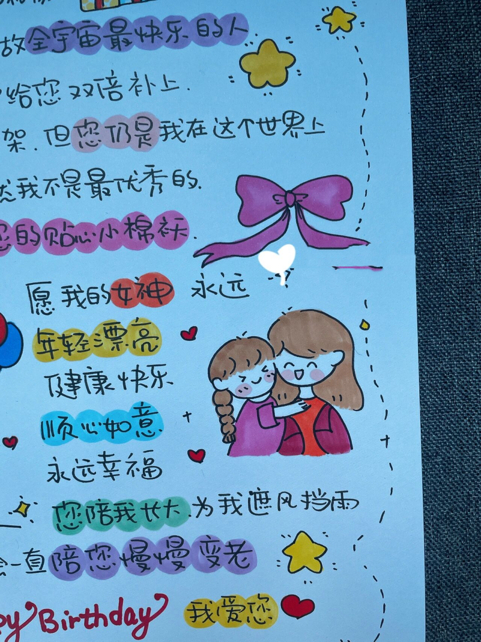 送给妈妈父母纯手绘生日快乐贺卡定制母亲