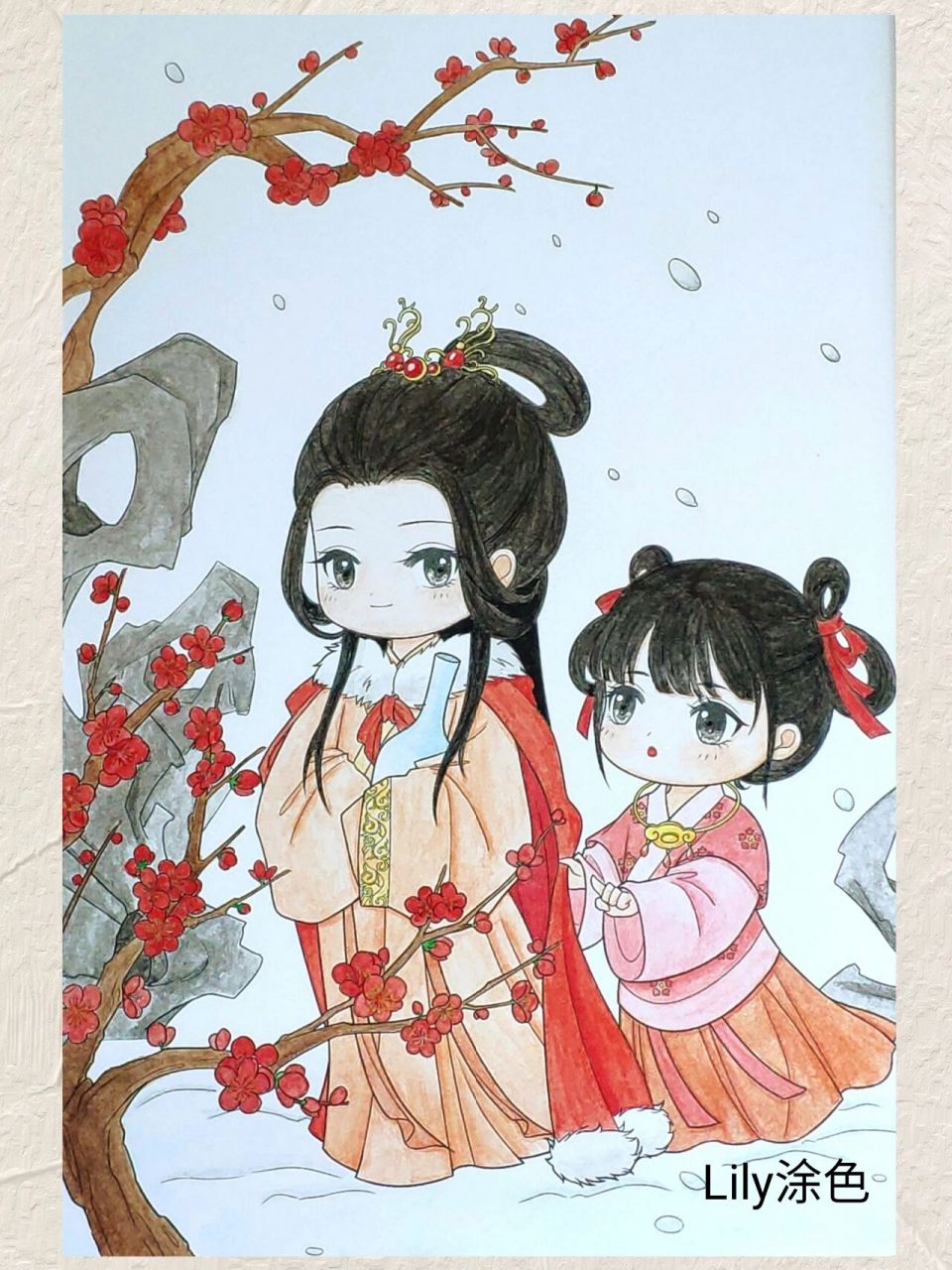 水彩古风人物画:过年赏梅花——踏雪寻梅 今天水彩临摹涂色的古风q版