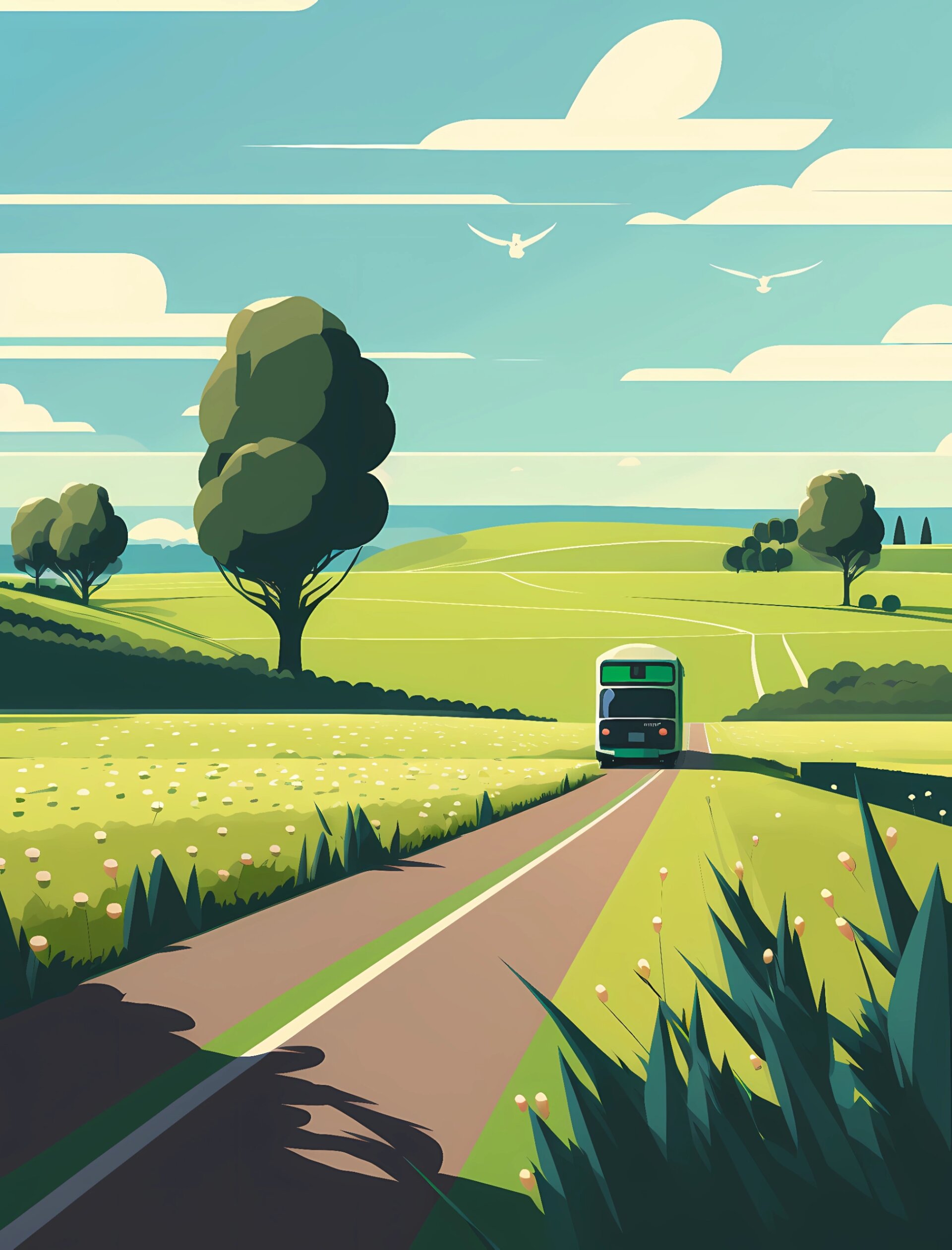 插画:山间小路上的巴士