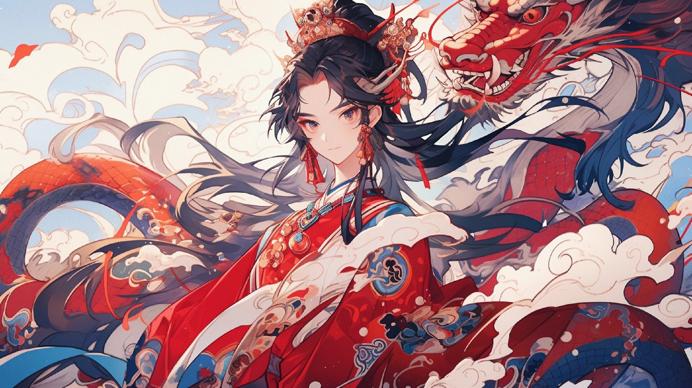 国风|动物拟人——中国龙 青红色,中国龙,少年,祥云图案