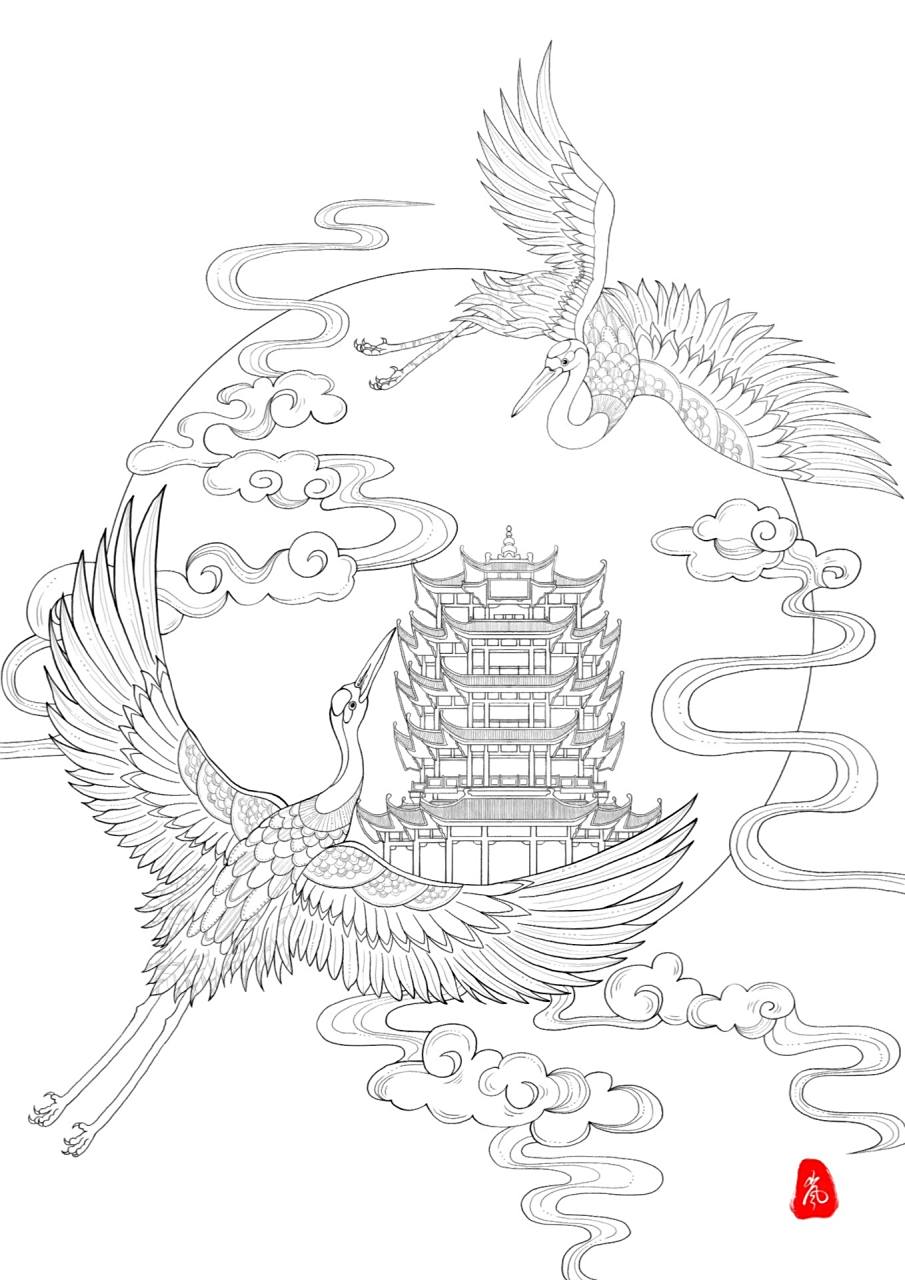 国风元素——仙鹤(线稿) 仙鹤线稿打卡