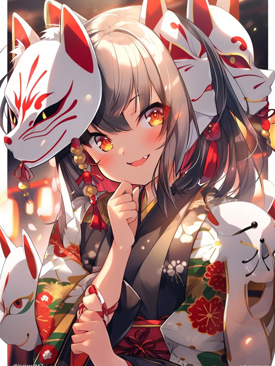 狐妖面具(附咒语) anime girl holding a katame, festive style