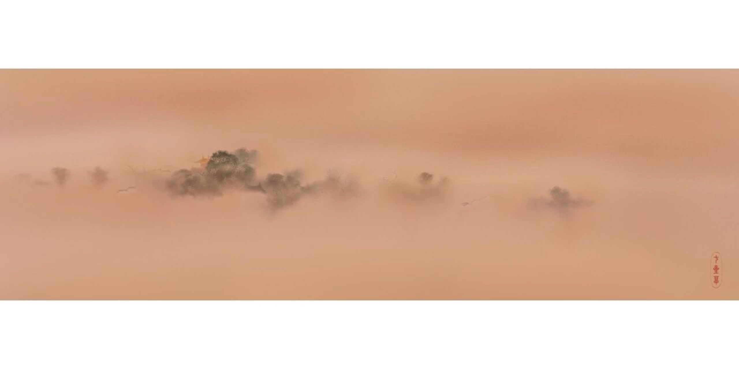 唯美水墨意境插画之三,国风彩墨 仿南宋法常《烟寺晚钟图》#插画