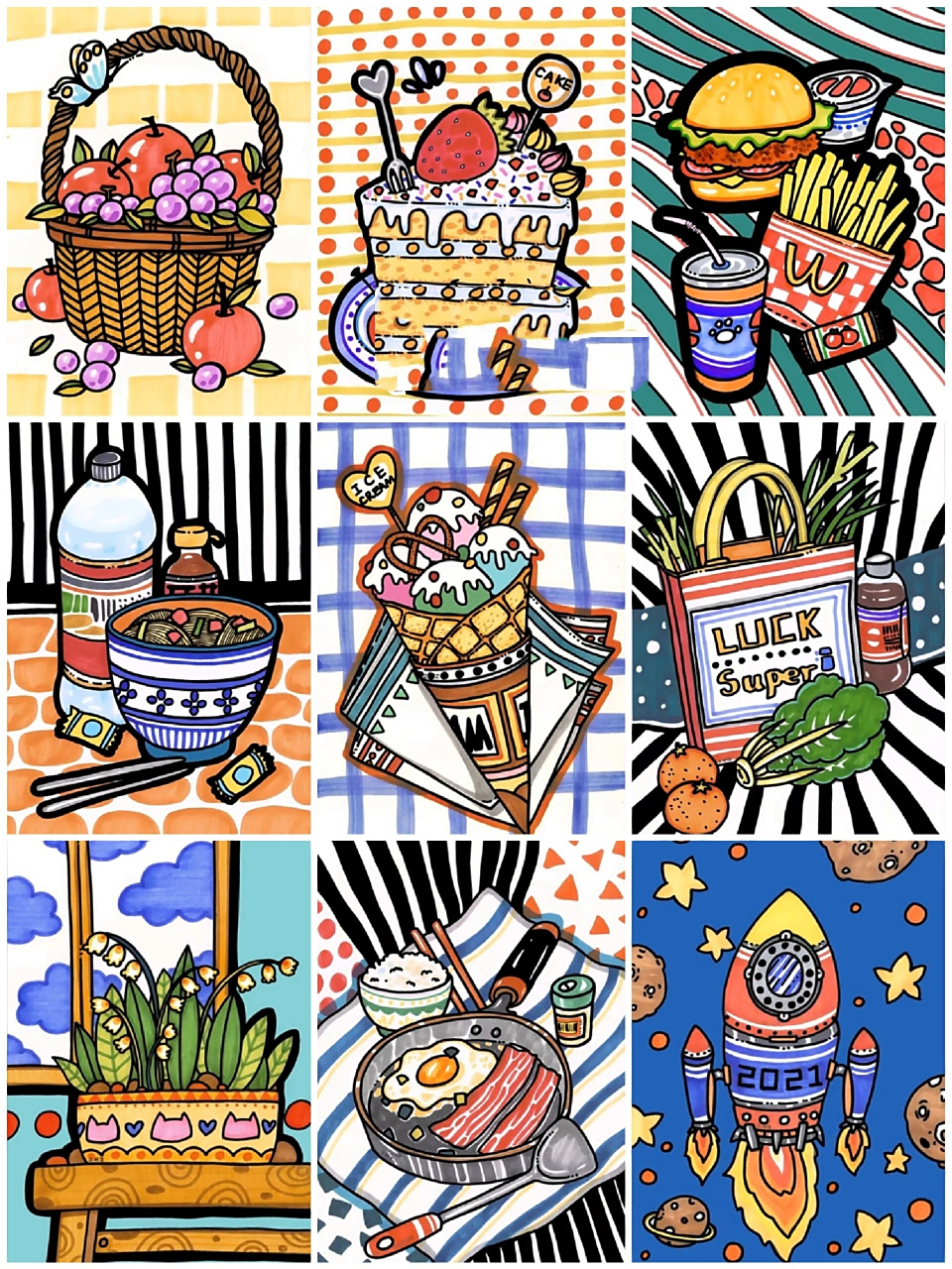 彩色创意线描画儿童画 食物色彩静物写生