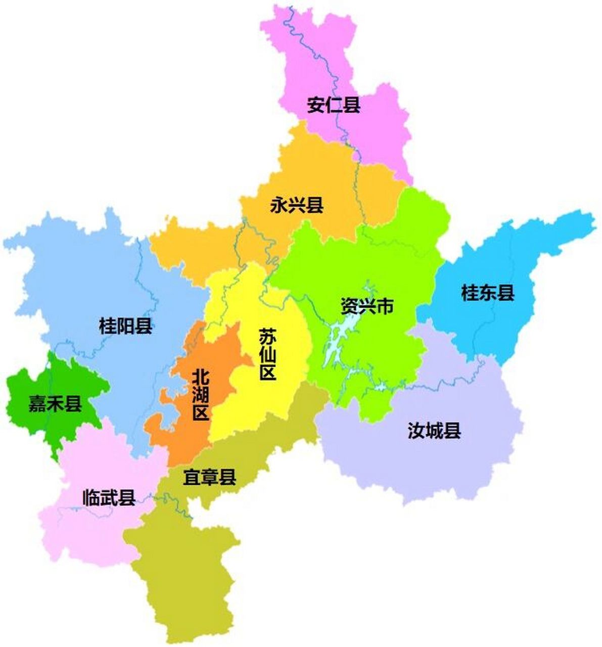 郴州全市划分为 2个区:北湖区,苏仙区; 8个县:桂阳县,宜章县,永兴