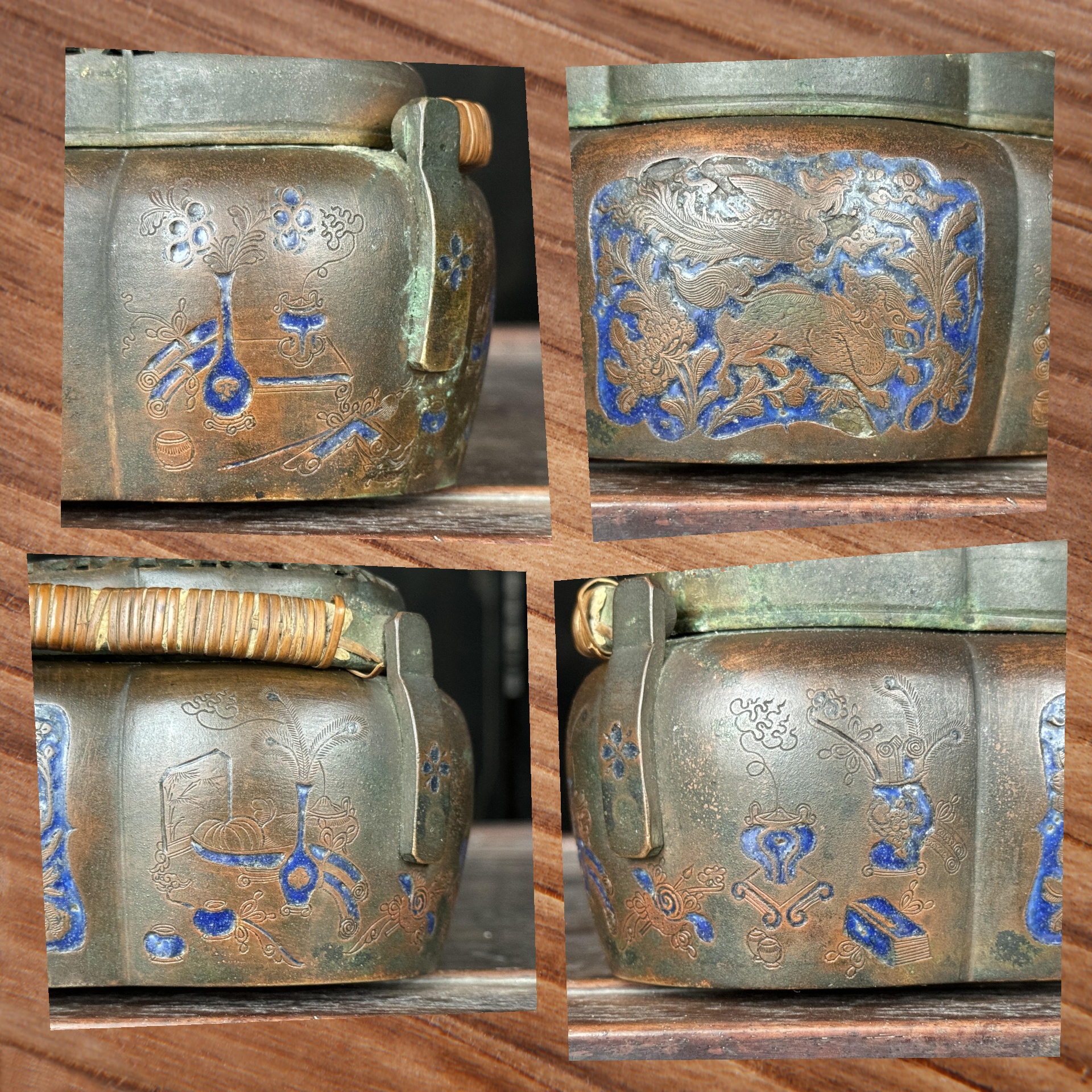 清代白铜烤蓝精致手炉