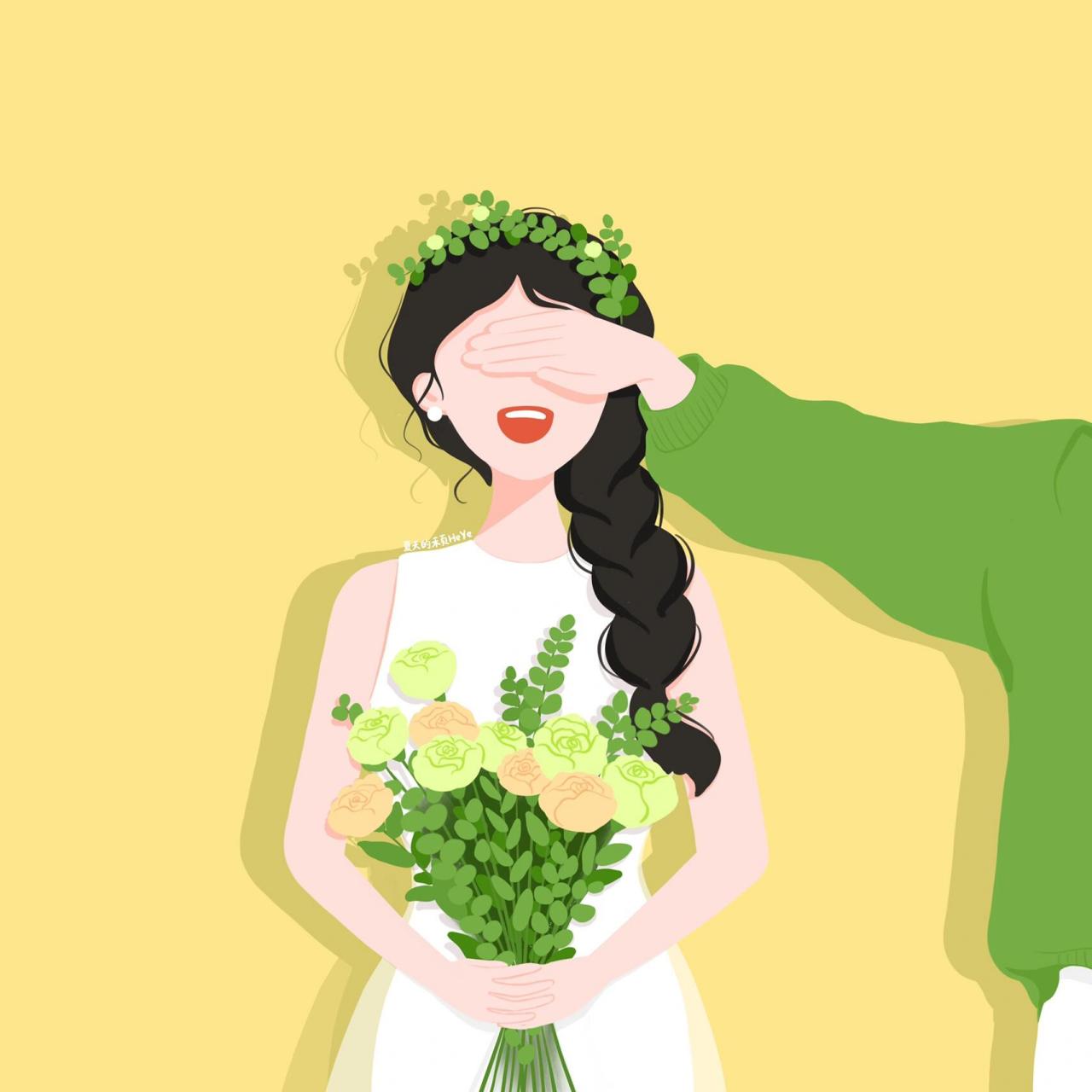 插画头像 | 捧花遮眼的可爱情侣头像 牛油果绿~ 背景多种配色供大家
