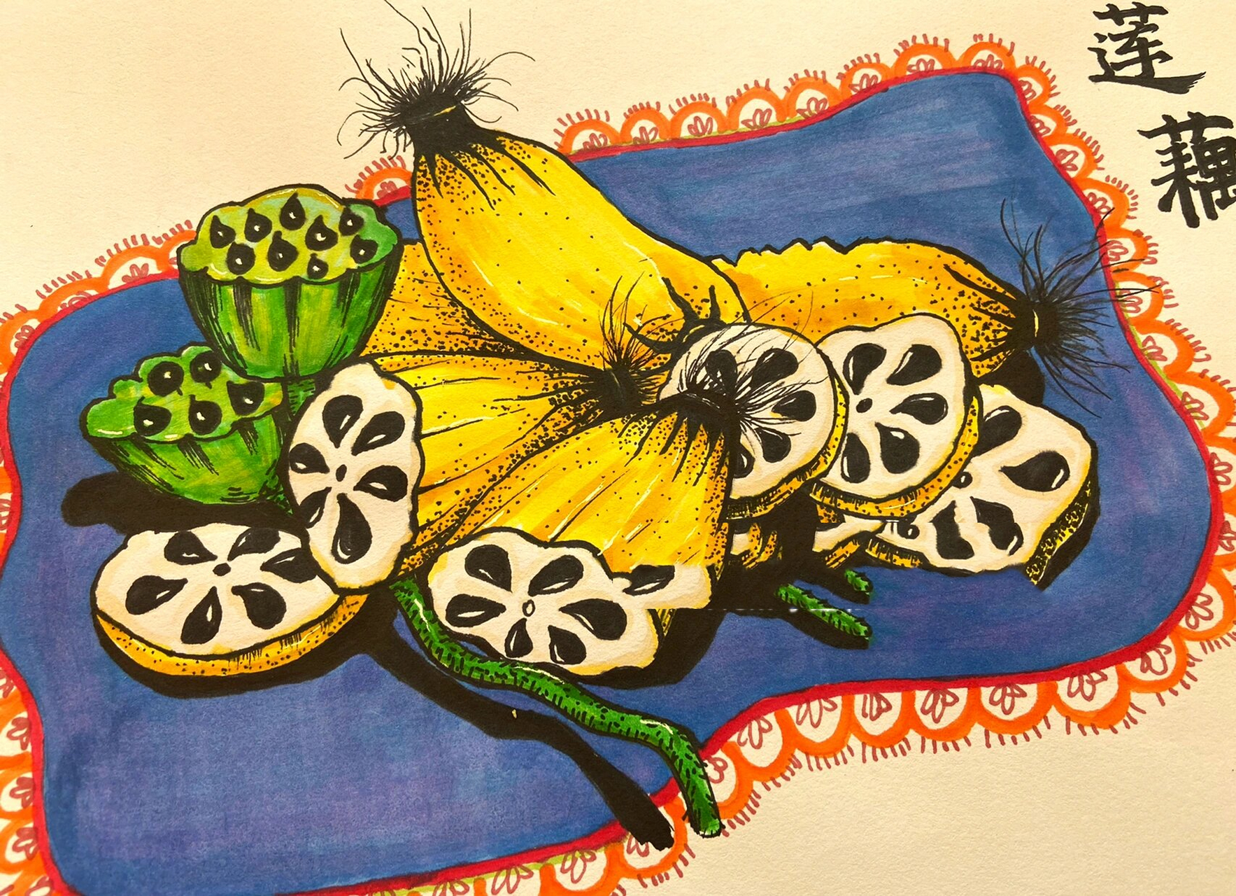 创意美术 适合8-10岁 莲藕 莲蓬 工具材料:铅笔,橡皮,中粗勾线笔,马克