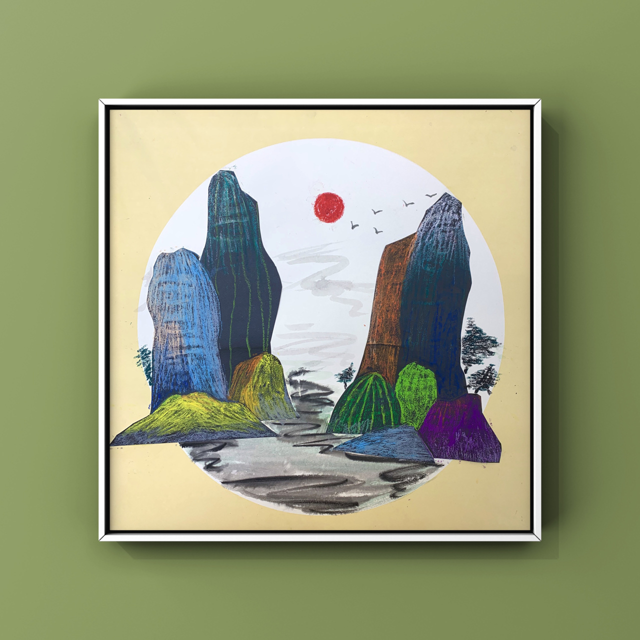 创意儿童画|创意美术——《桂林山水》 材料:宣卡,黑卡,国画颜料,色