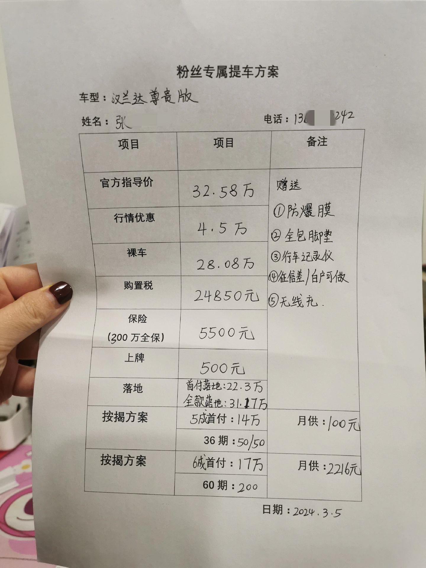 今日交车,3月5日全新汉兰达尊贵版落地价,分期按揭方案优惠政策,目前