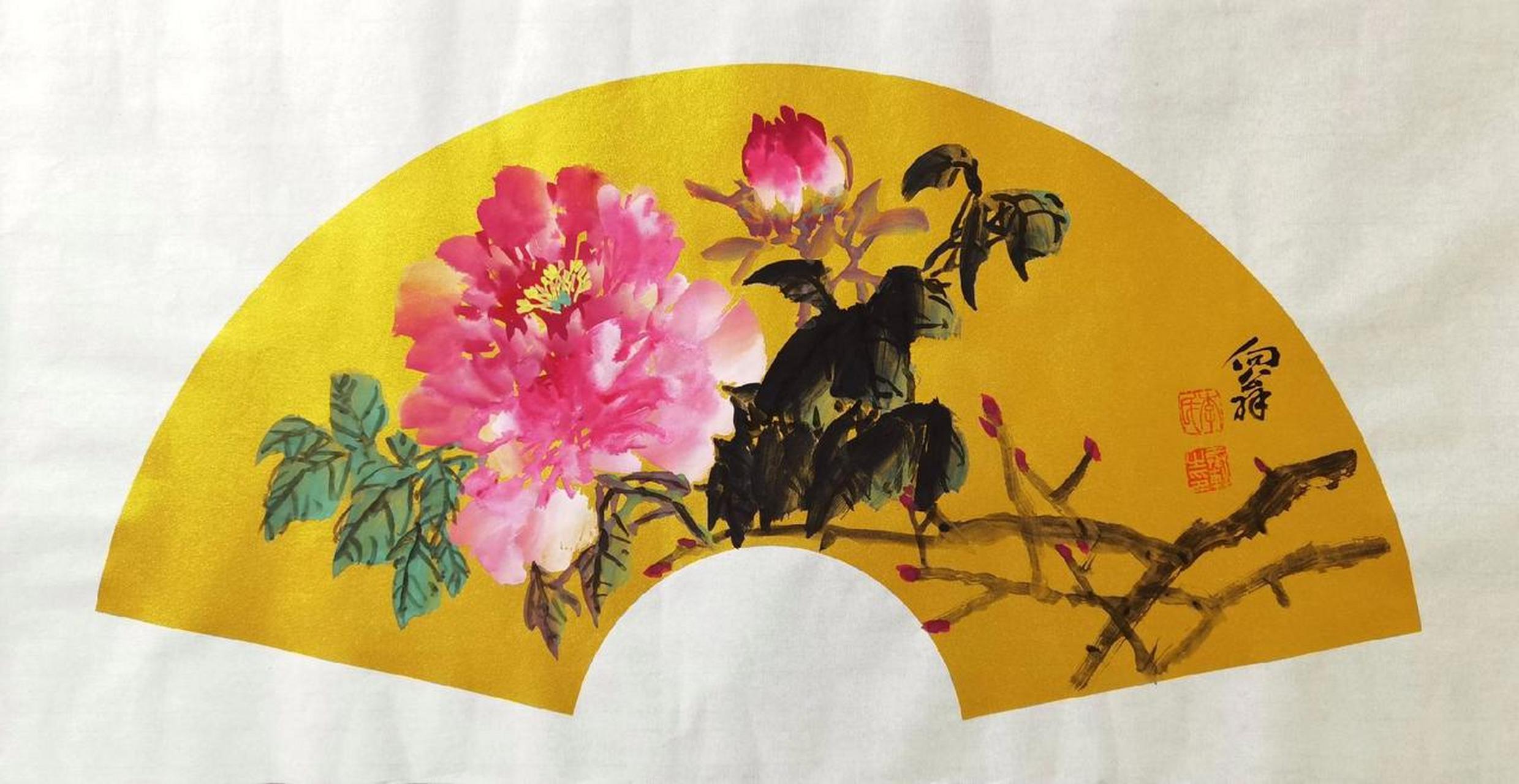 画扇面 国色天香牡丹花 画家李志向