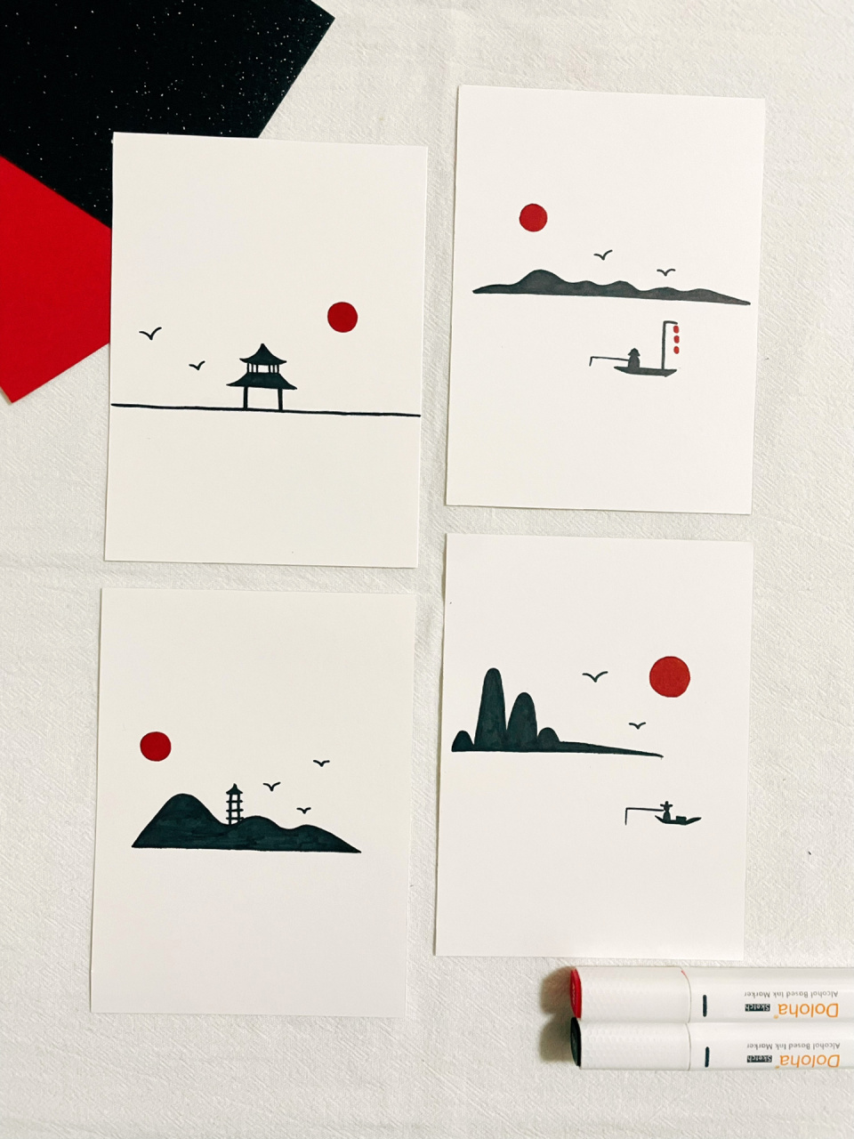 「古风」简笔画 配色:红 黑 工具:多乐绘马克笔