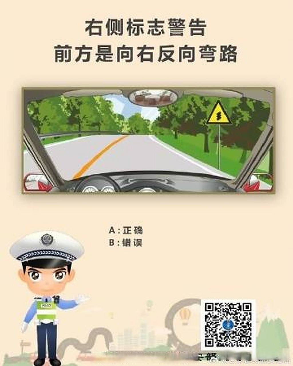 【科目一小测验】右侧标志警告前方是向右反向弯路?