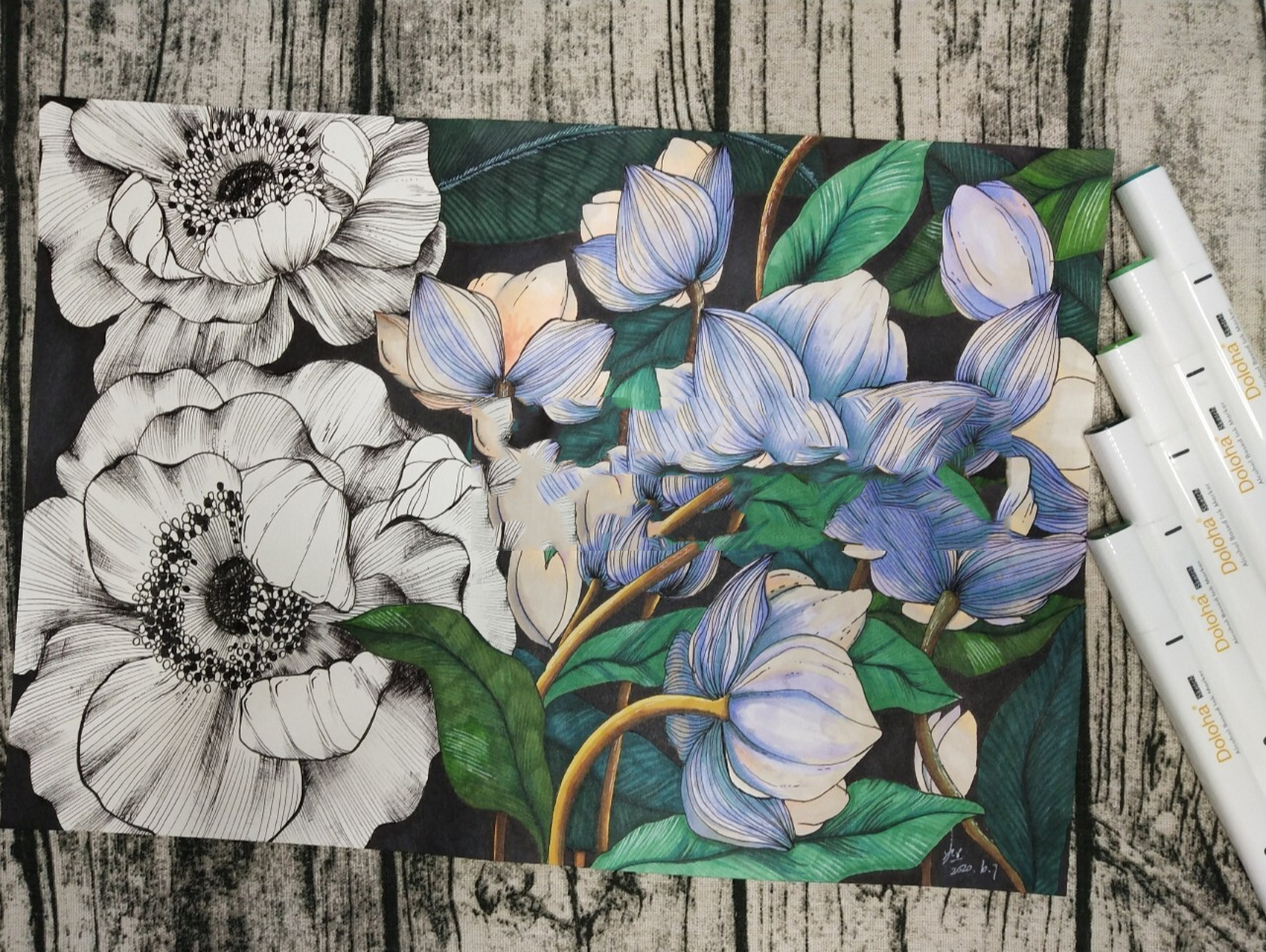 马克笔画(马克笔花卉教程94) 8k素描纸 勾线:樱花针管笔0.