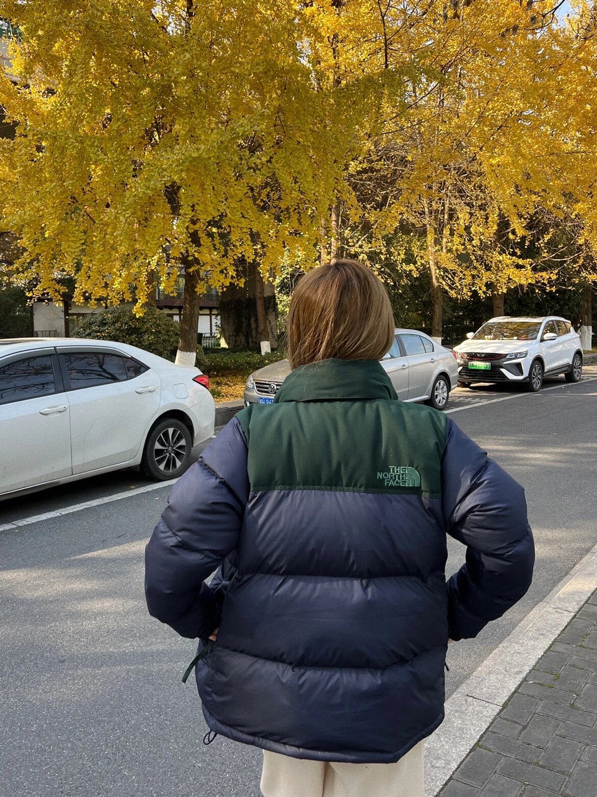 158小个子穿搭北面 96蓝绿拼接羽绒服