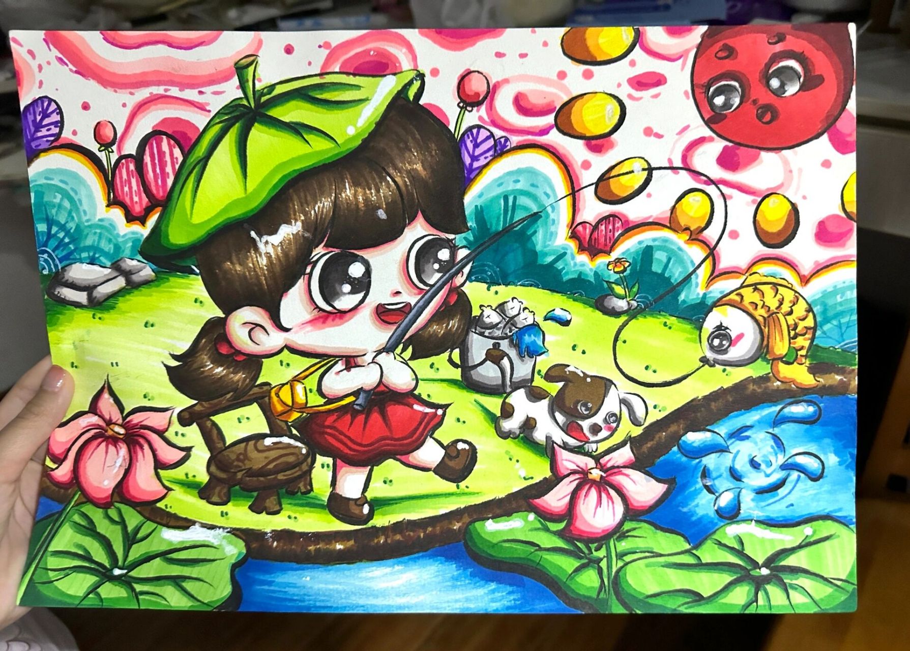 儿童画《钓鱼》(●°u°●) 原创 听说有小伙伴想看横构图,这就来啦!