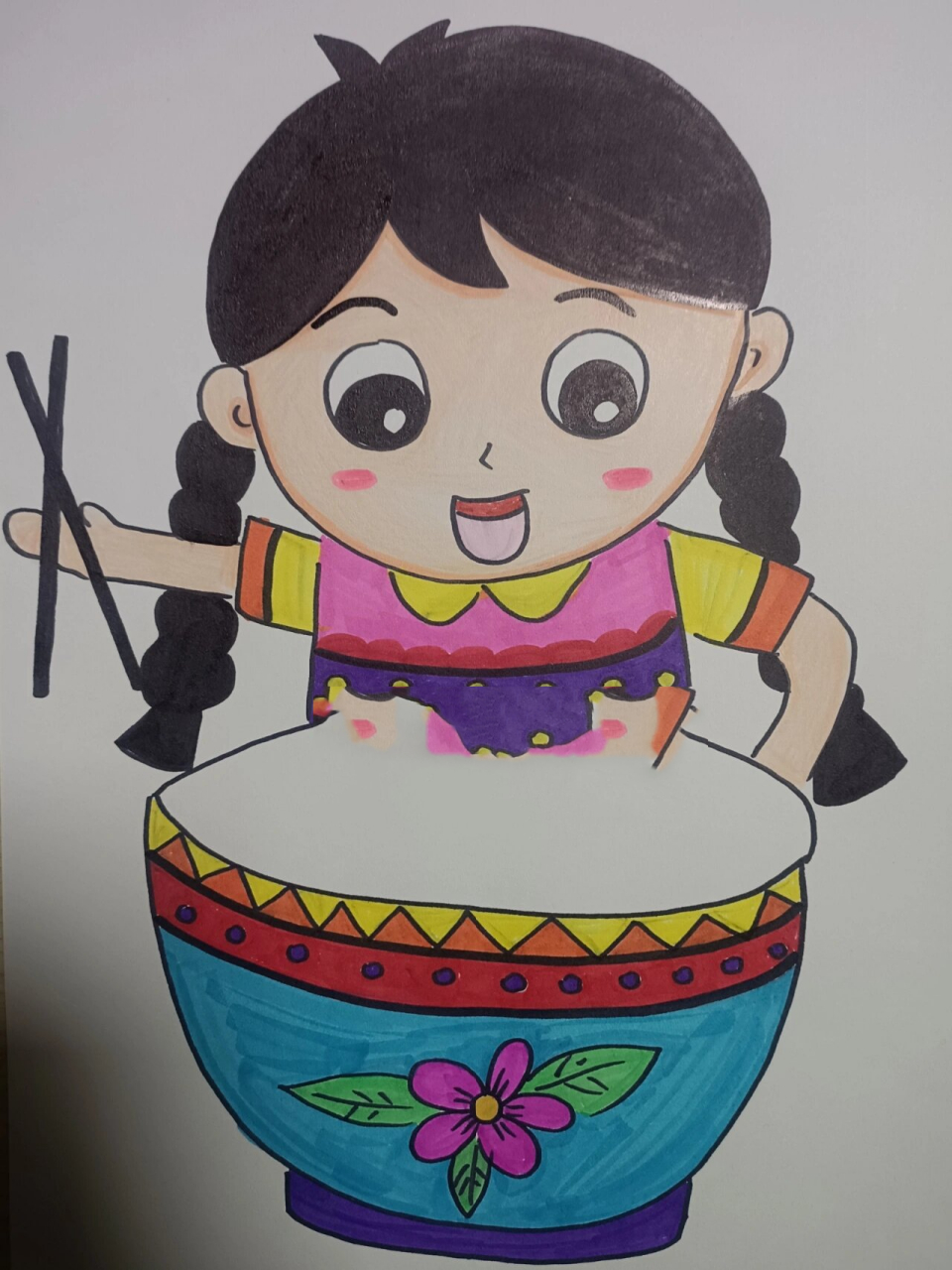 创意美术《吃面条》儿童画 1,工具材料: 马克笔,勾线笔,卡纸 2,适合