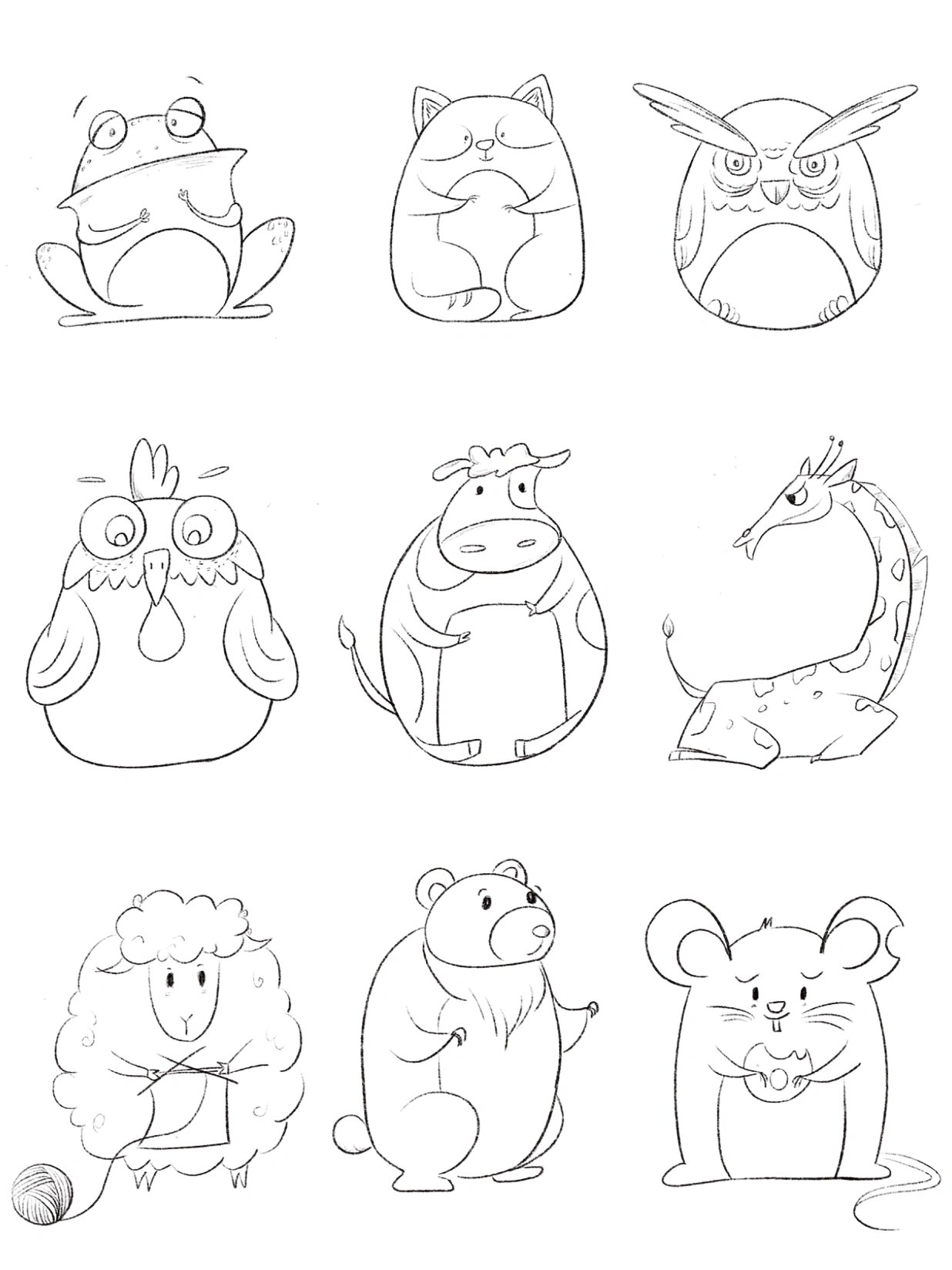 以椭圆形演变成小动物线稿临摹