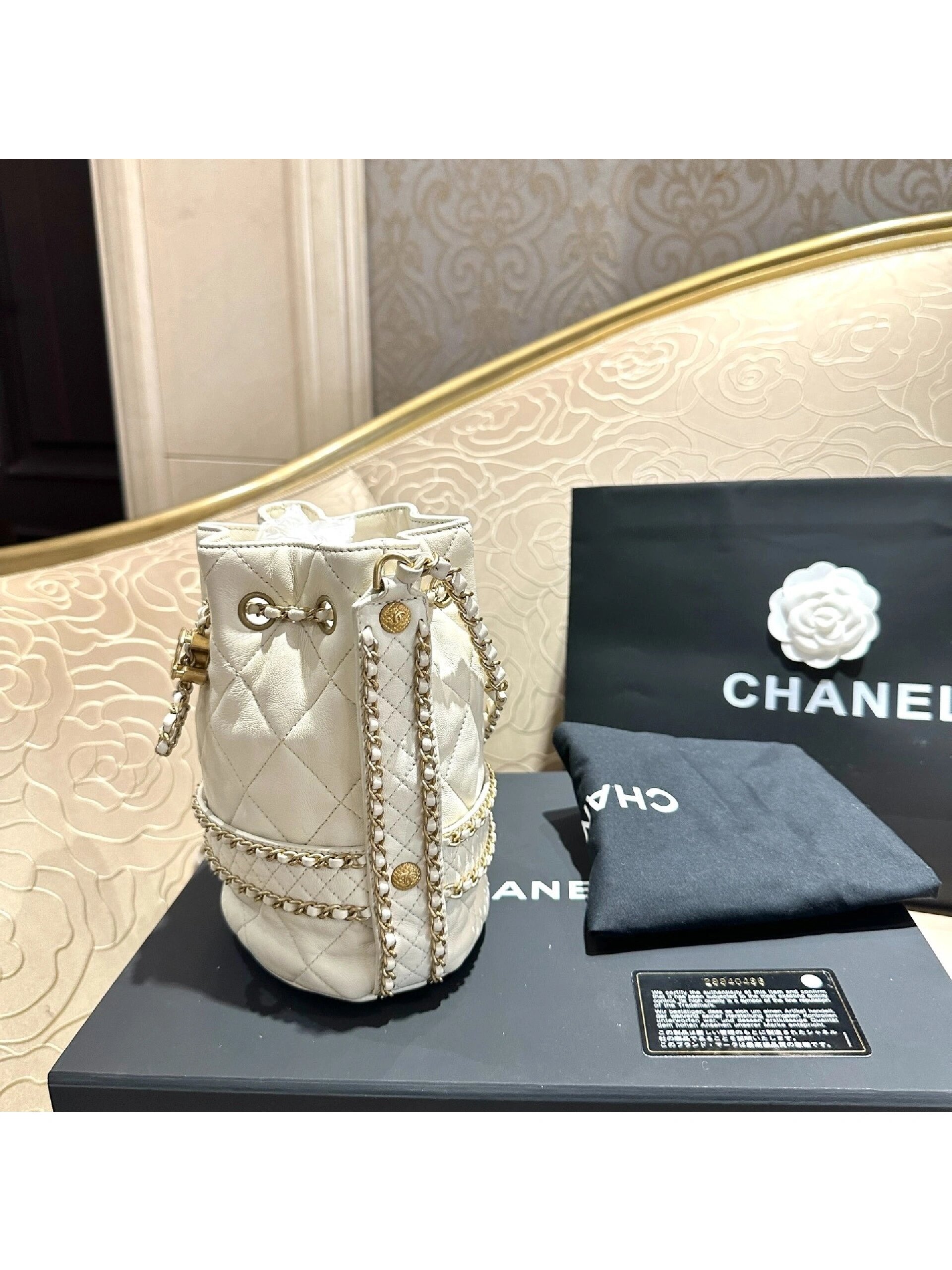 公价四万多香奈儿大全套 29开 chanel 20年秋冬米白色抽绳水桶包 尺寸