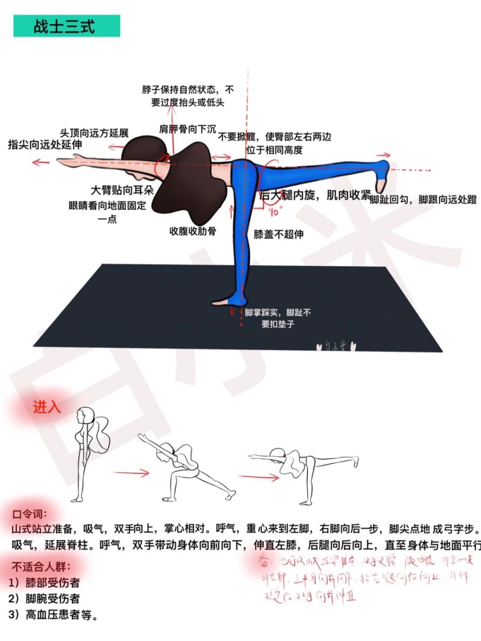 瑜伽插画|瑜伽体式精讲—战士三式(持续更新) 生理功效 1)强化双腿,脚