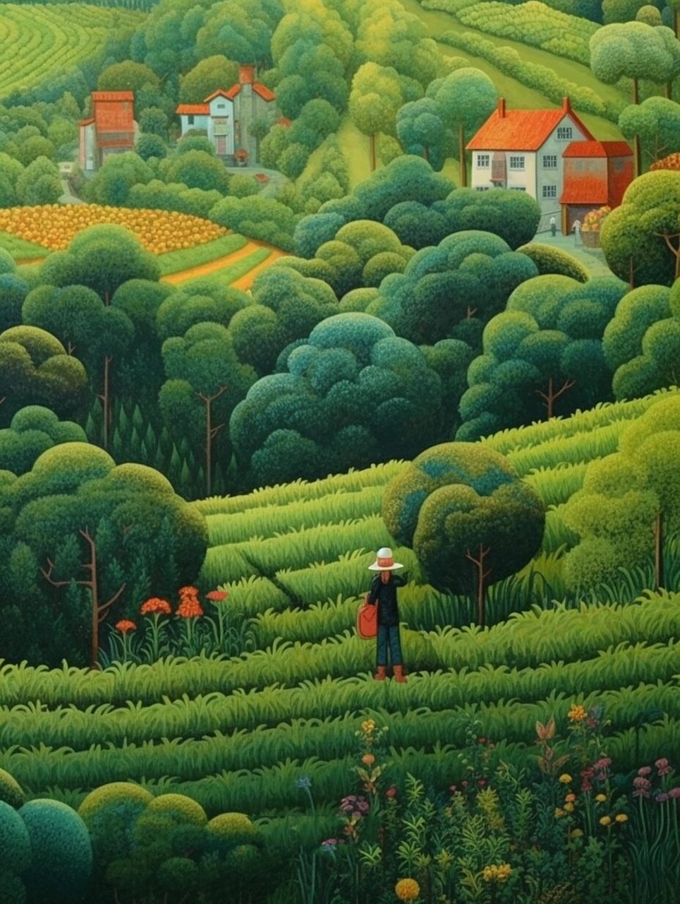 乡村田园生活场景 治愈系插画