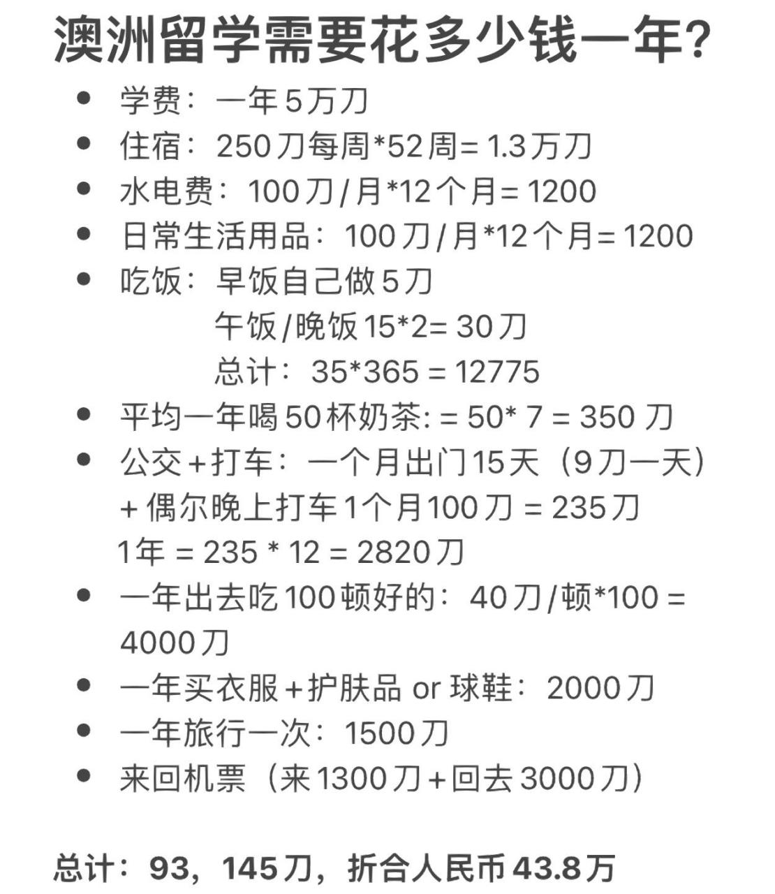 澳大利亚留学费用一年多少(墨尔本留学一年多少钱2024)