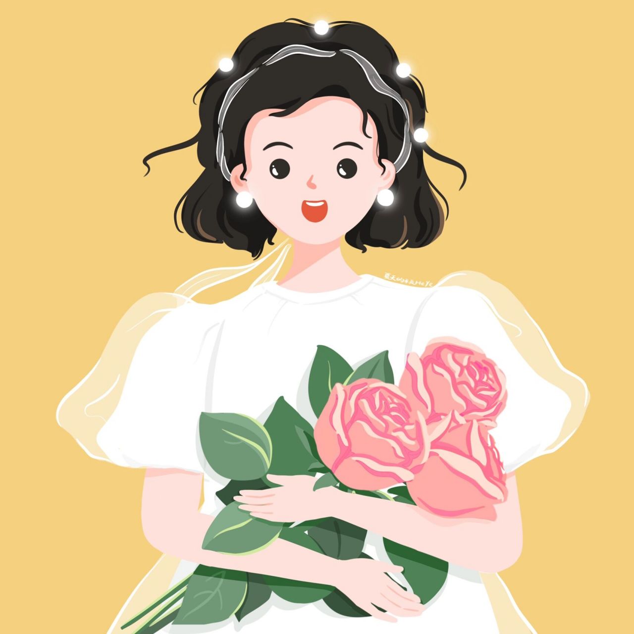 插画头像  |手捧玫瑰的白纱裙女生|无腮红版 夏天到了,拿出衣橱里的小