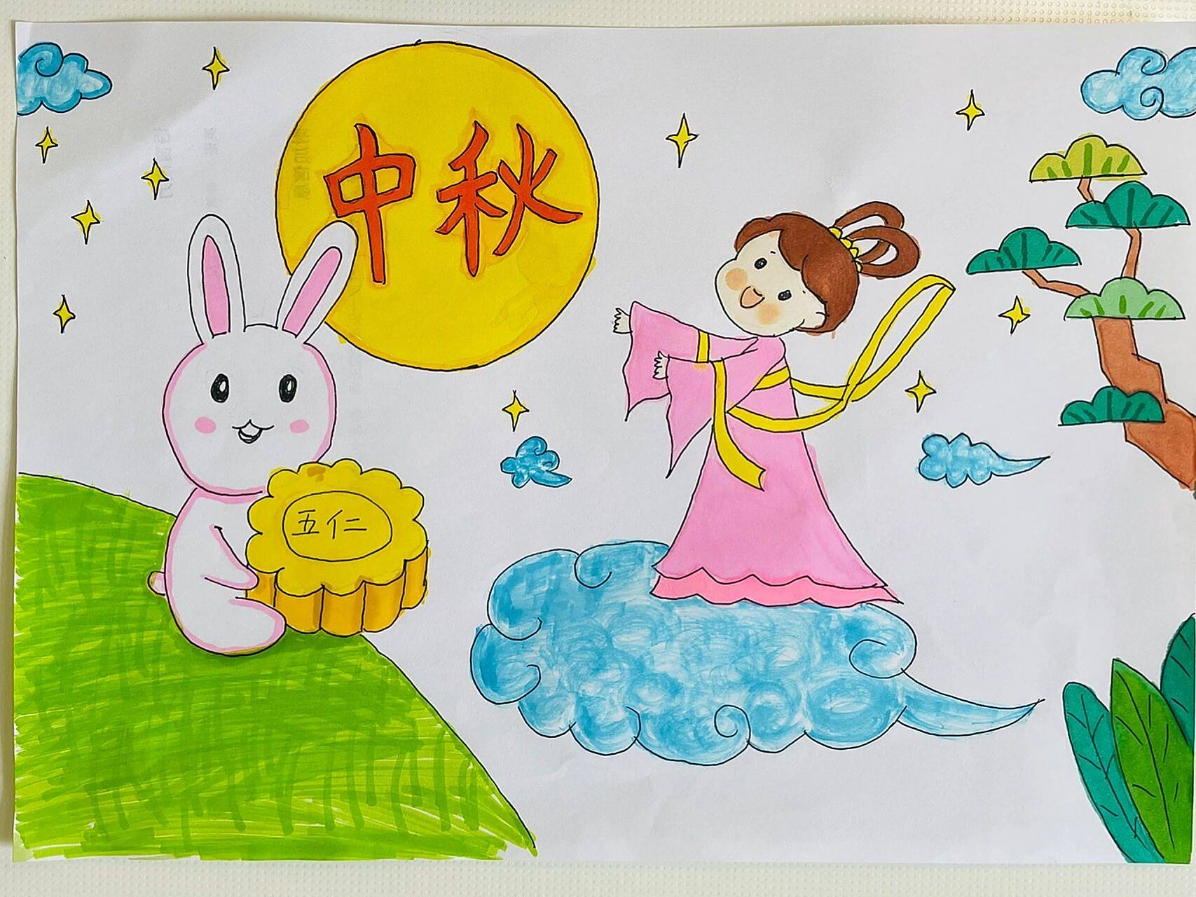 中秋节儿童画 | 彩图 | 线稿        玉兔,月饼,嫦娥元素的中秋节儿童