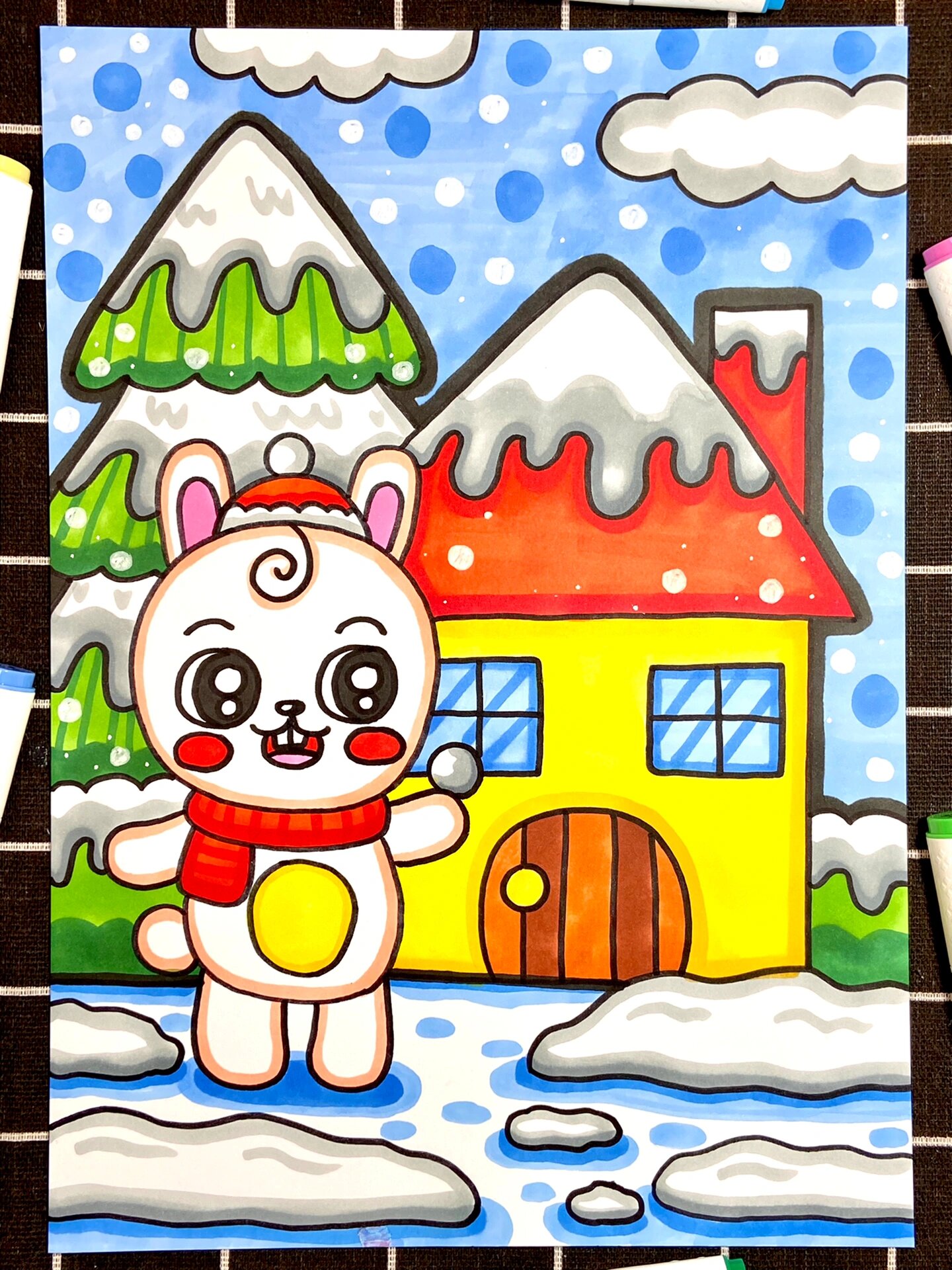 【冬天下雪啦7615】简单创意儿童画少儿美术教程