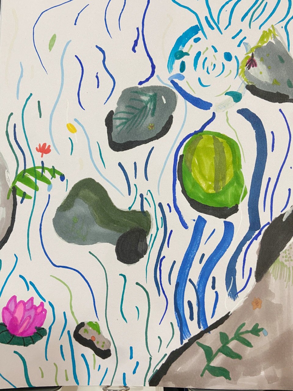 少儿手绘|潺潺的小溪水 这个内容可以通过理解线描画中线条的疏密,曲