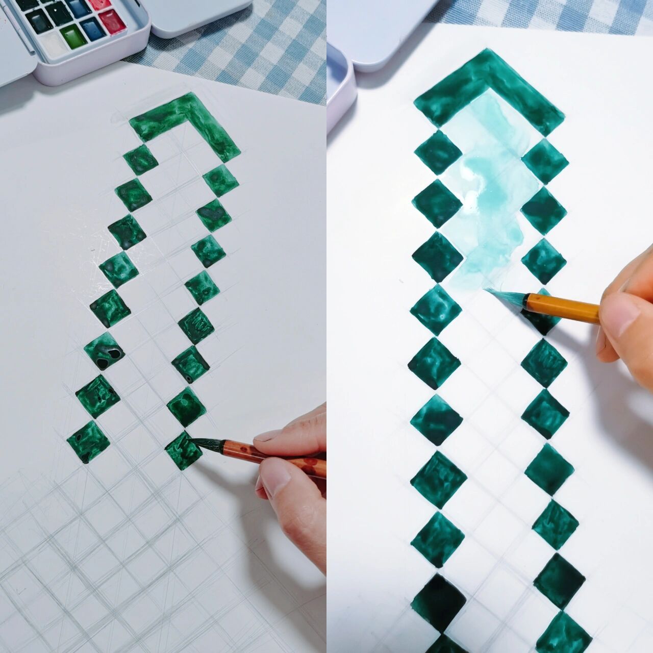 我的世界︱钻石剑diy手绘 材料:白卡纸,水彩