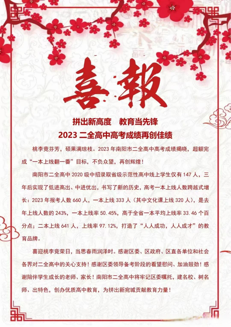 南阳第二完全学校2023年高考喜报,按照中考成绩还行吧南阳 南阳头条