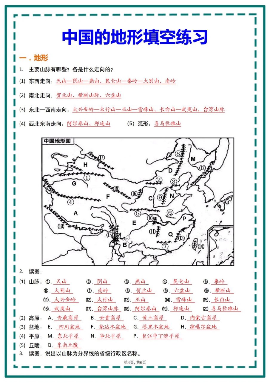 中国地形图填空无字图片