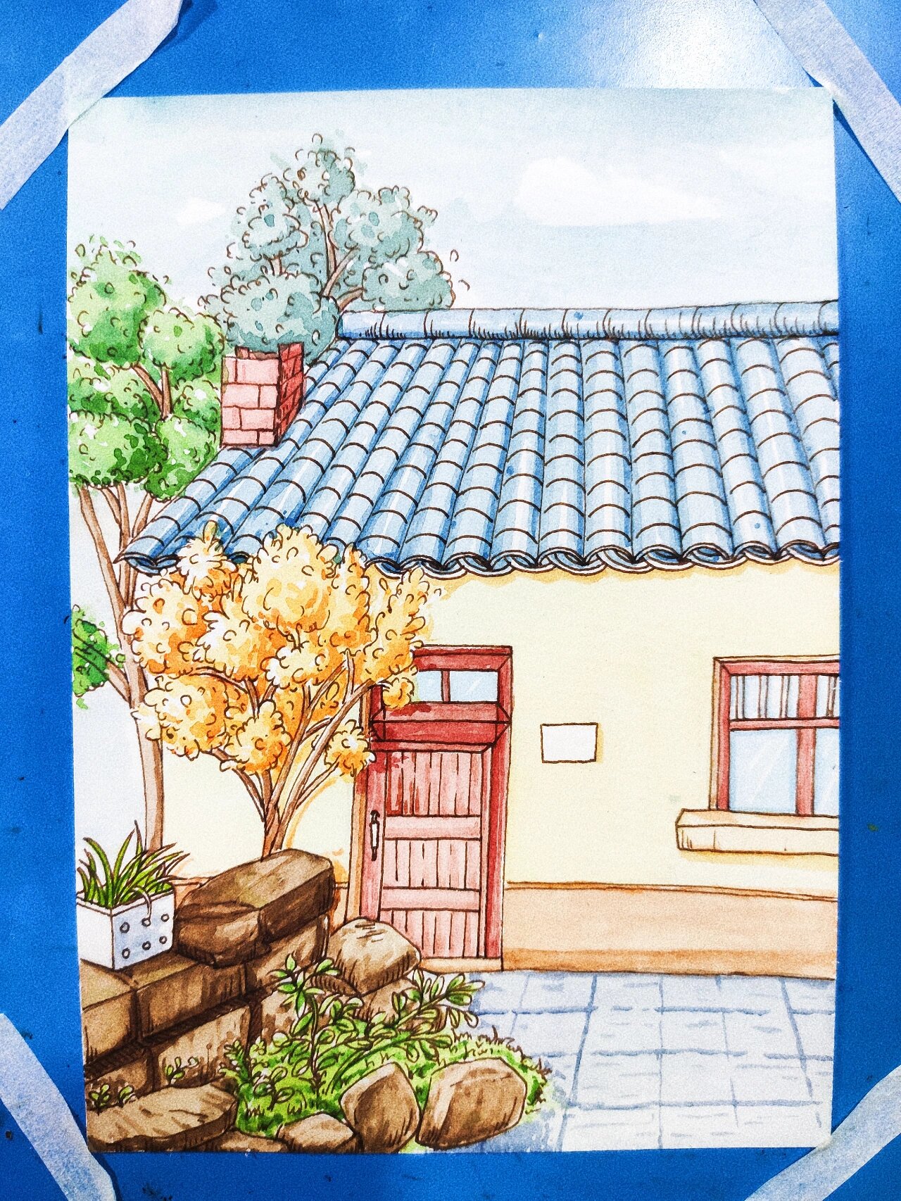 水彩建筑手绘农家小院
