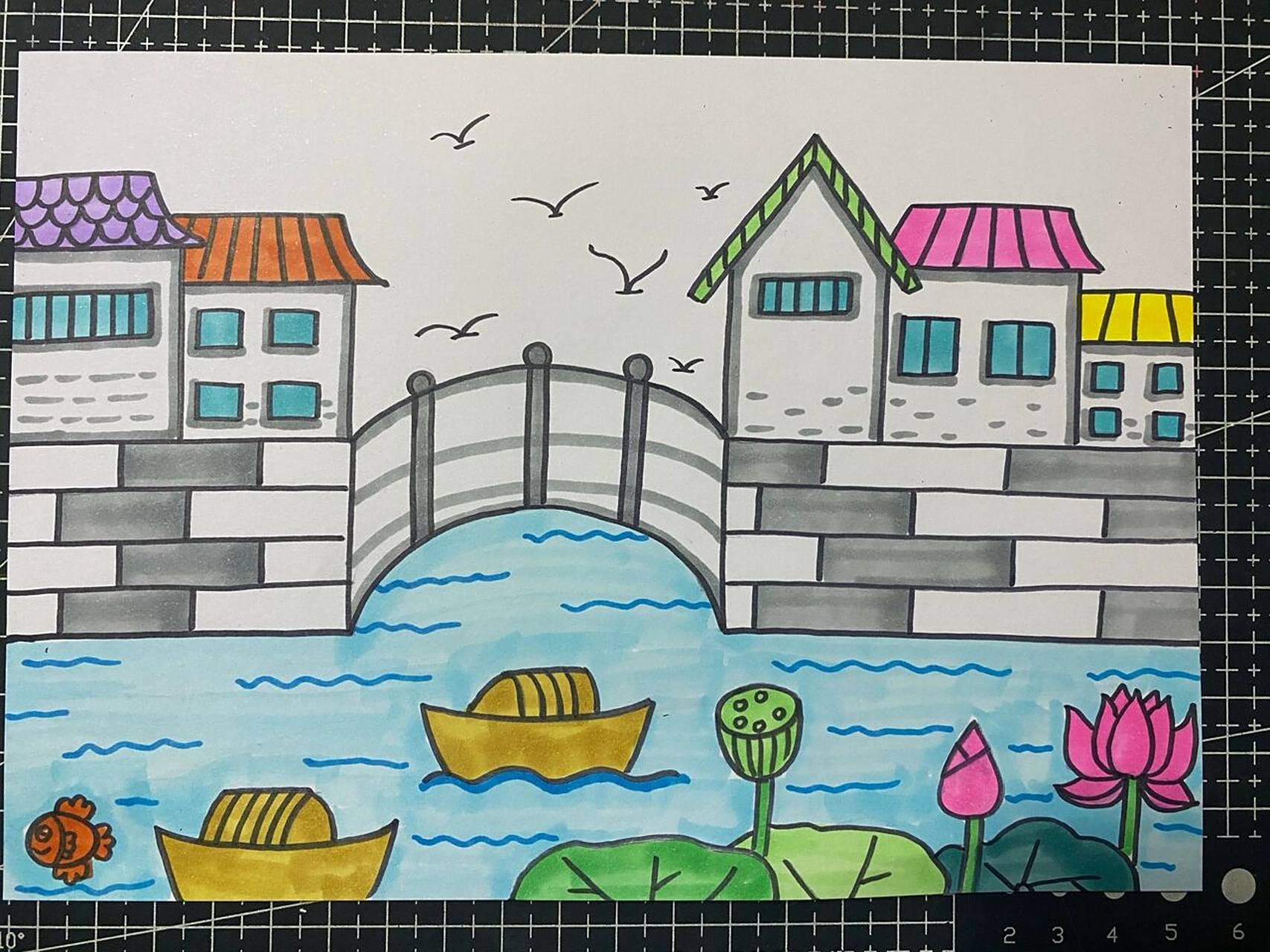 江南小镇风景画 小桥流水儿童画