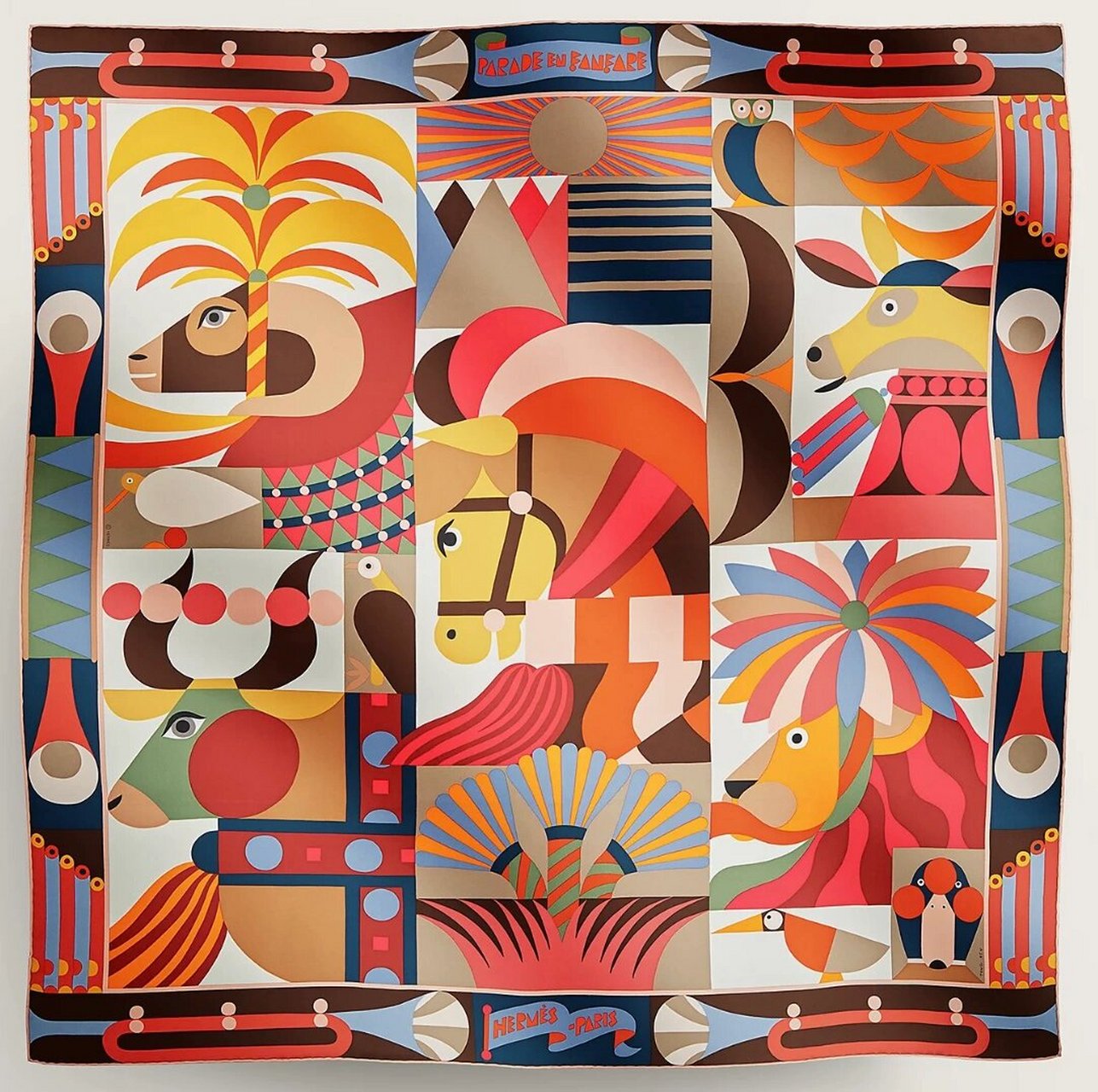 爱马仕"盛大游行"主题方巾 90cm手工卷边斜纹真丝方巾(100%桑蚕丝).