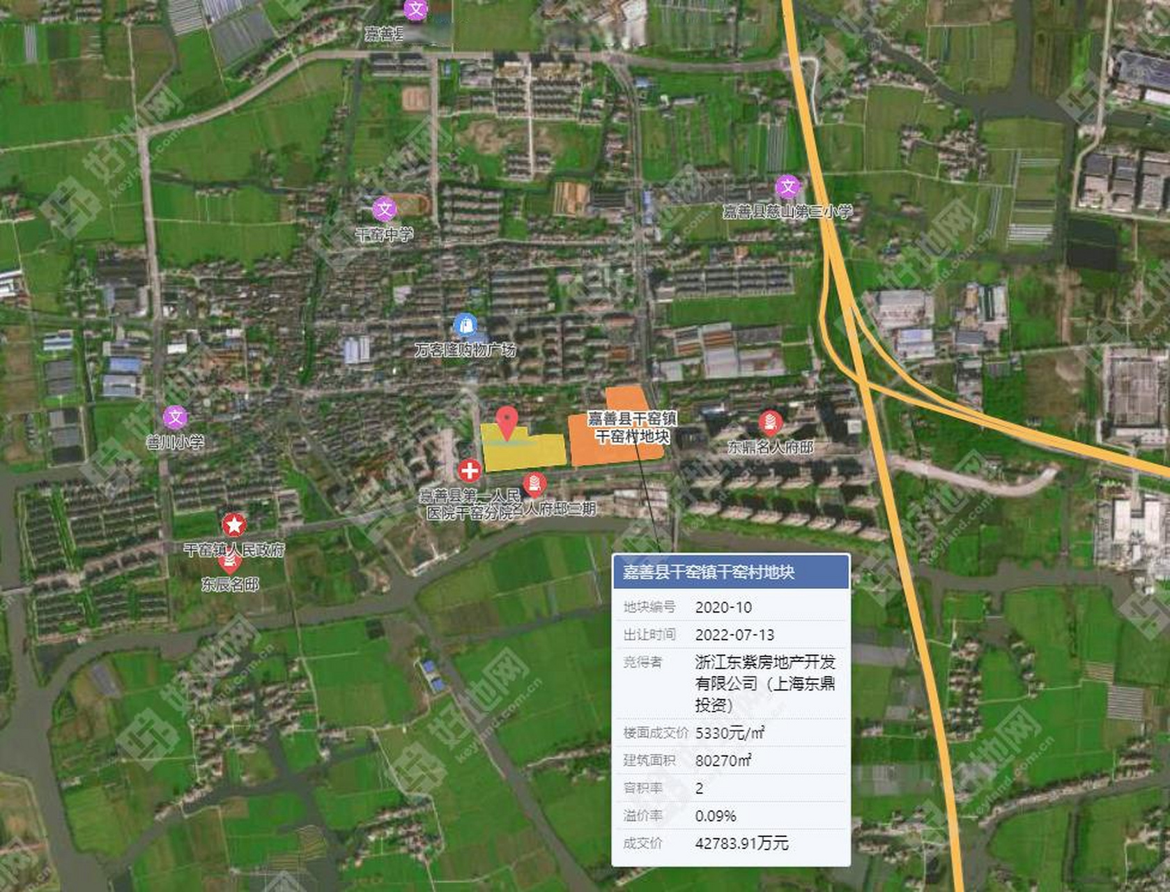 02 该地块位于嘉善县干窑镇干窑村,出让面积23334㎡,容积率1.0-1.