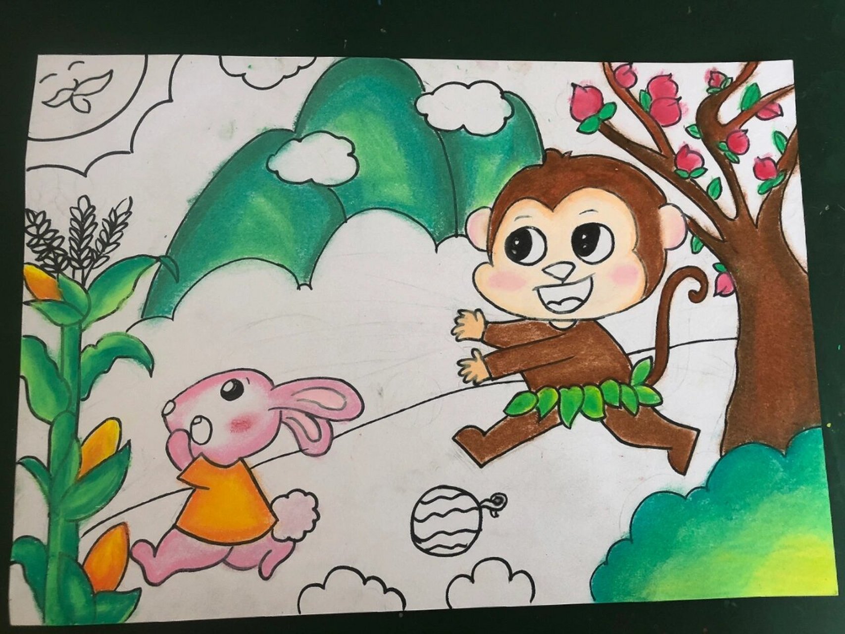 《小猴子下山》儿童画 儿童主题画 |重彩油画棒《 小猴子下山》《小兔