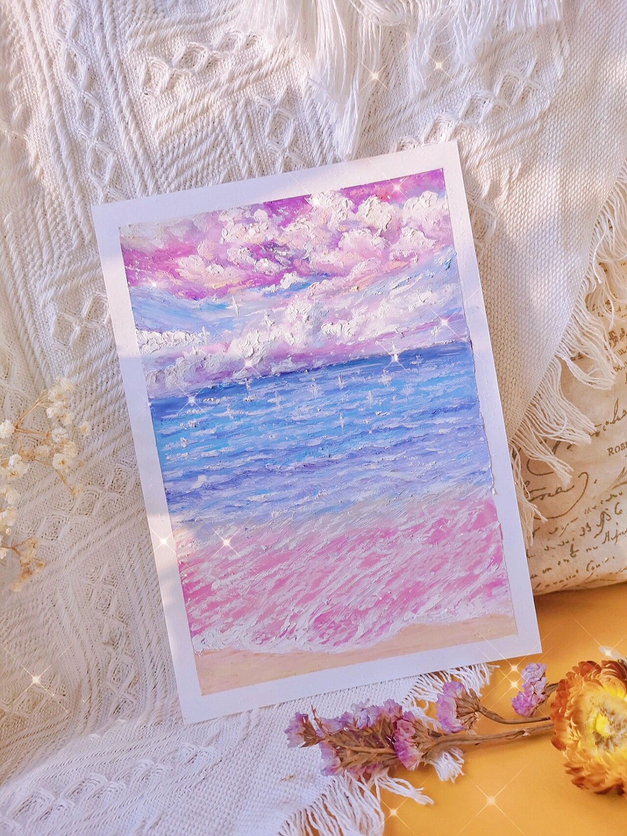 原创油画棒风景画|梦幻星星大海|附步骤过程