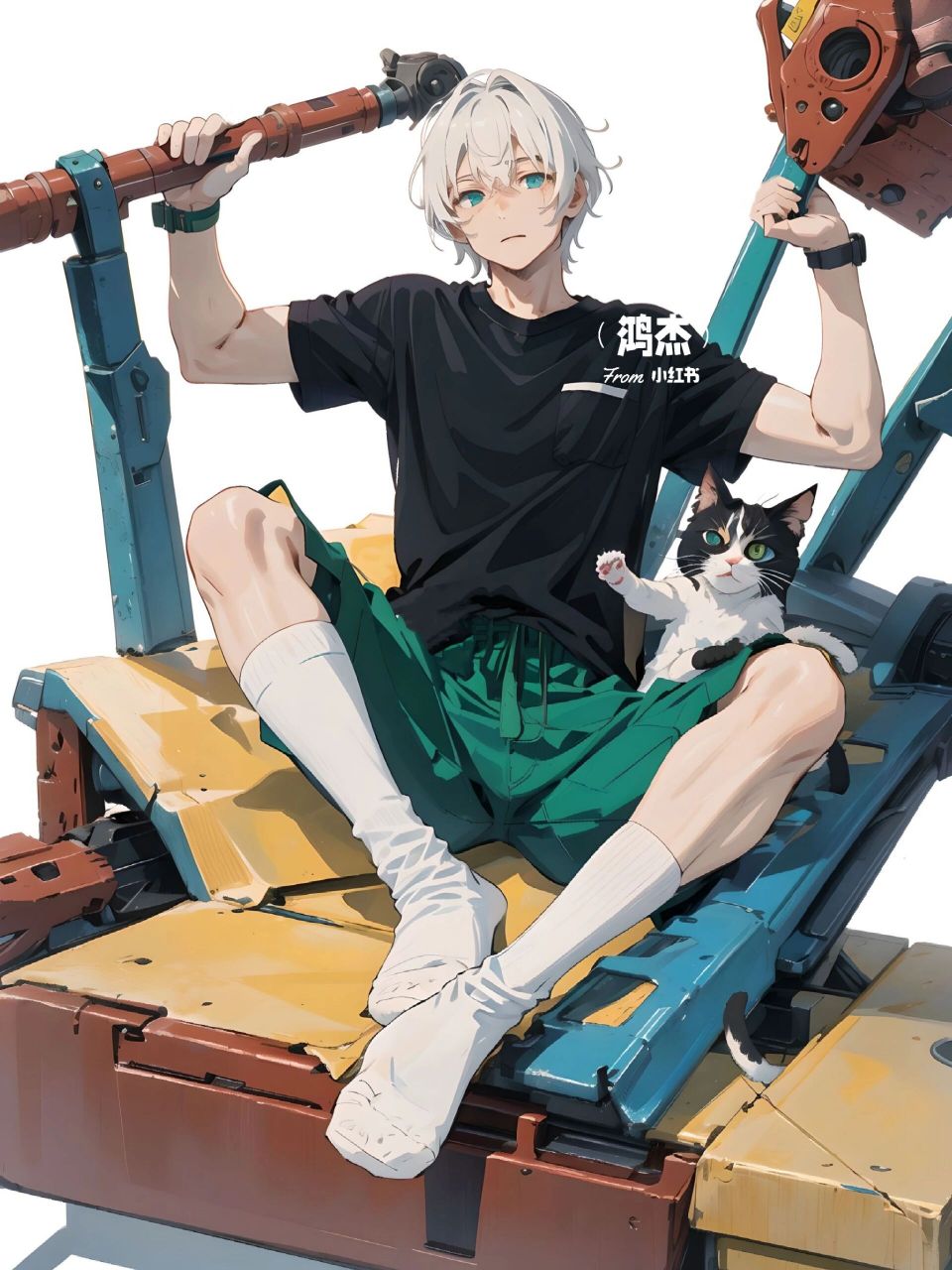 白袜少年与小猫咪丨绿色系少年                图片由mewxai生成