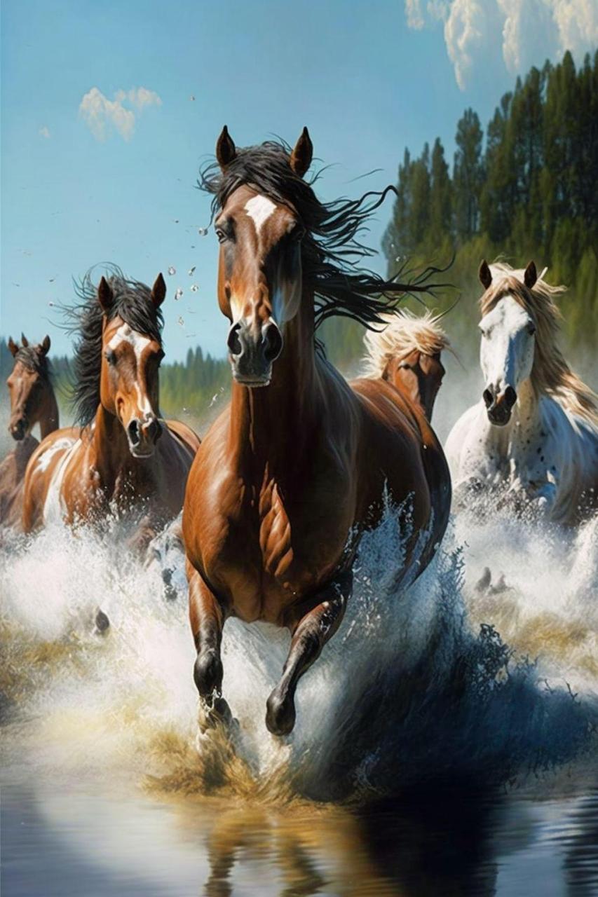 骏马奔驰在草原的小河边.