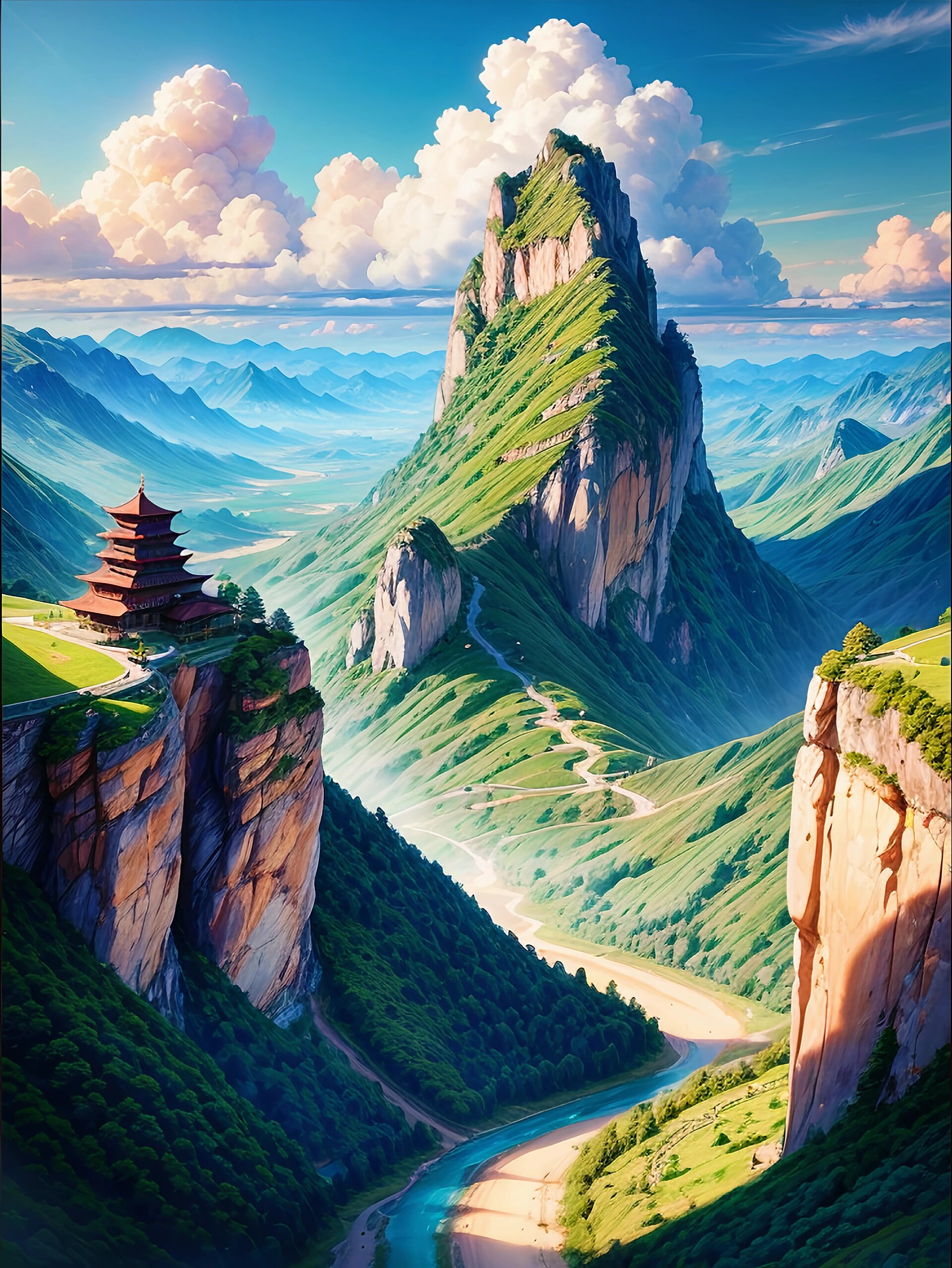 古风插画21山川阁楼自然美景