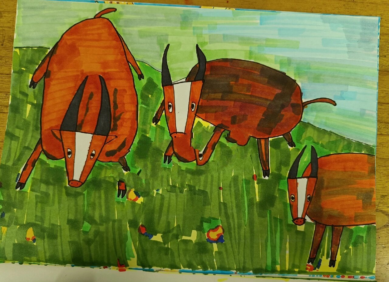 牛吃草,牛简笔画,儿童画