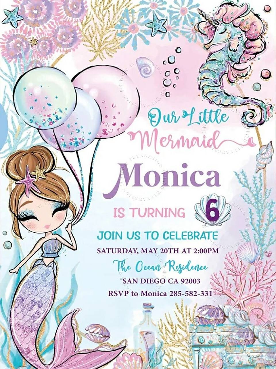 美人鱼主题生日邀请派对请柬海报可爱卡通风 美人鱼主题生日邀请派对